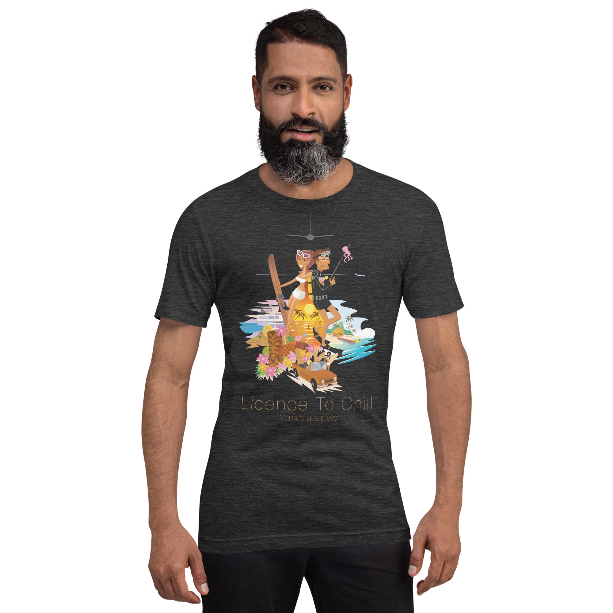 T-shirt en coton unisexe License to Chill Vamos a la playa sur couleurs chinées foncées