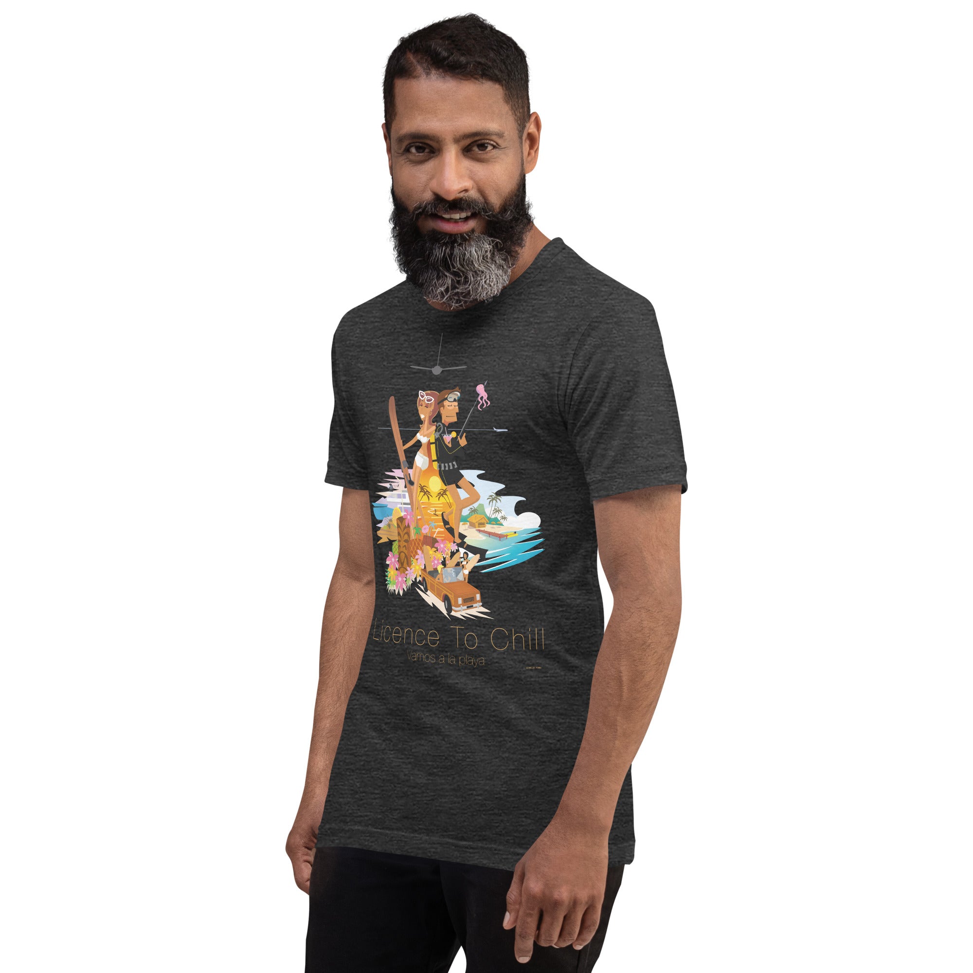 T-shirt en coton unisexe License to Chill Vamos a la playa sur couleurs chinées foncées