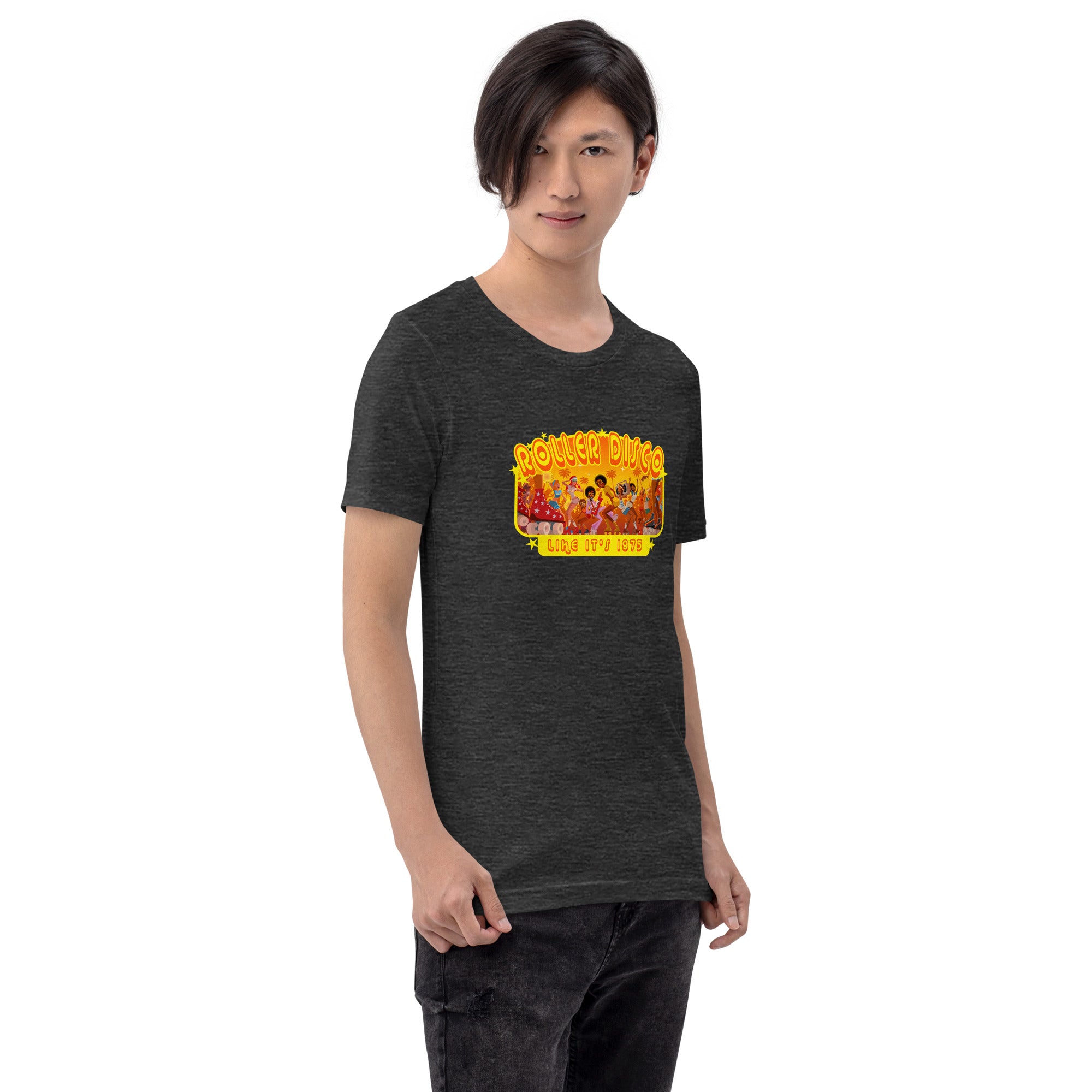 T-shirt en coton unisexe Roller Disco 1975 sur couleurs chinées foncées