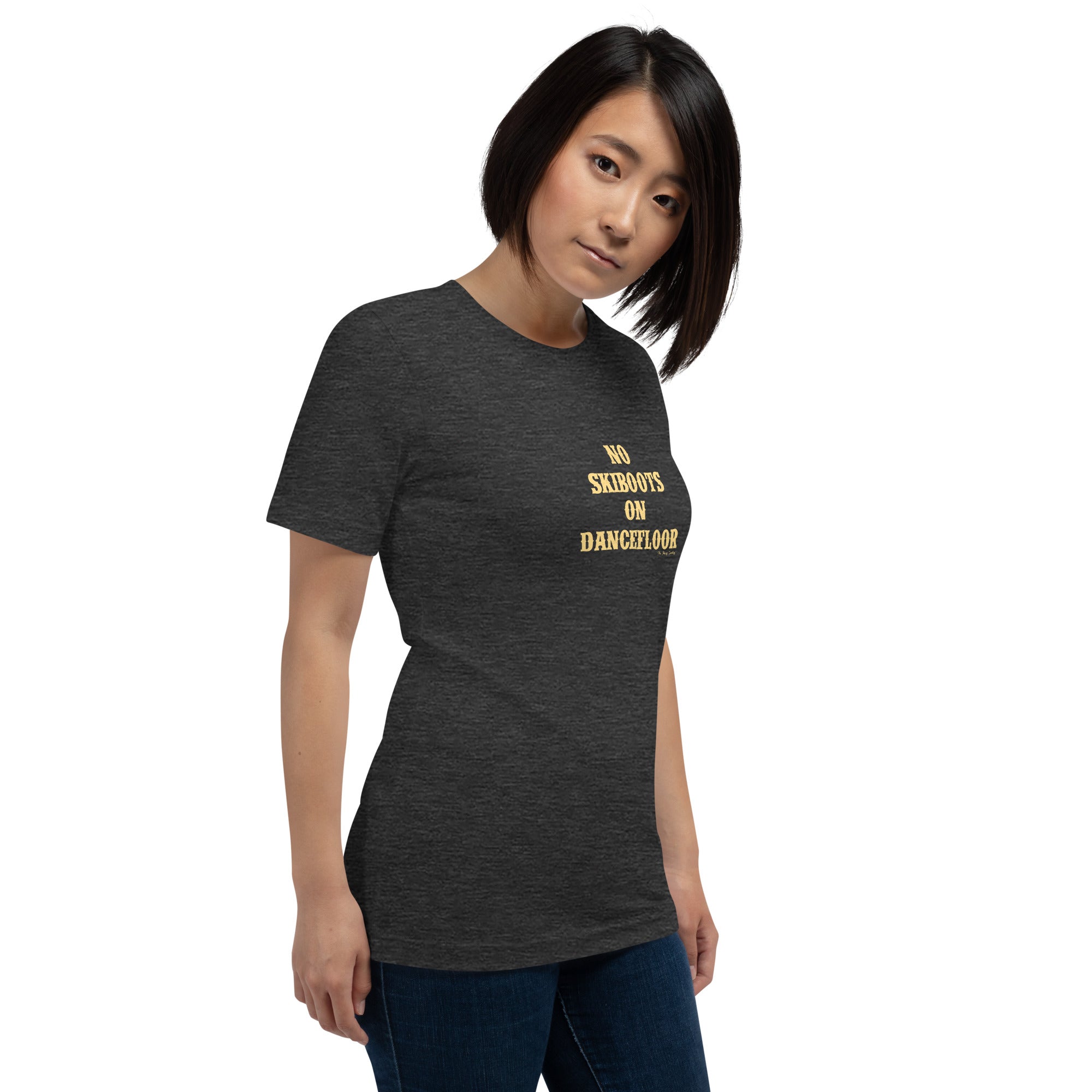 T-shirt en coton unisexe No Skiboots on Dancefloor sur fonds chinés foncés