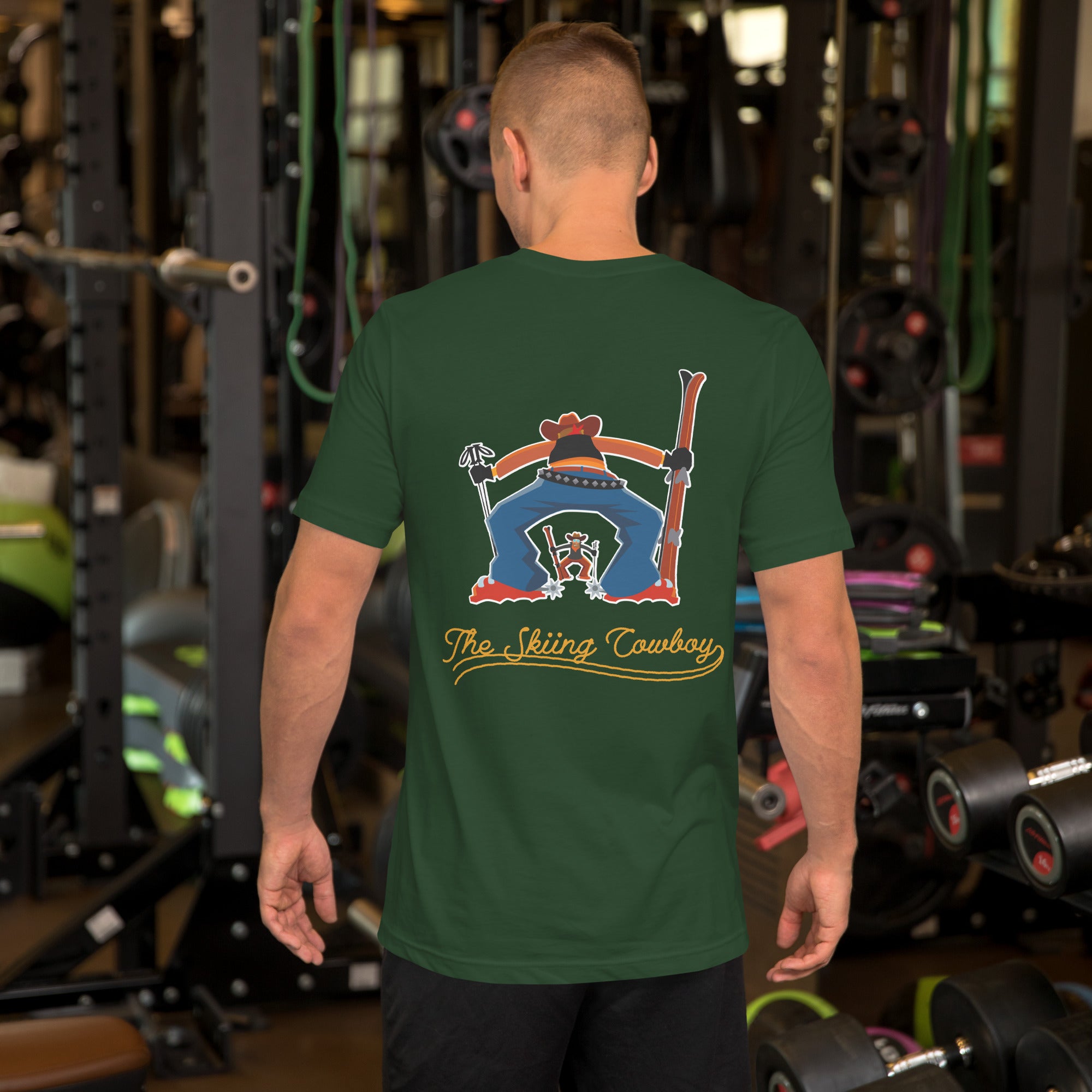 T-shirt en coton unisexe Skiing Cowboy (face) & Ski Fight at OK Corral Outline (dos) sur couleurs foncées