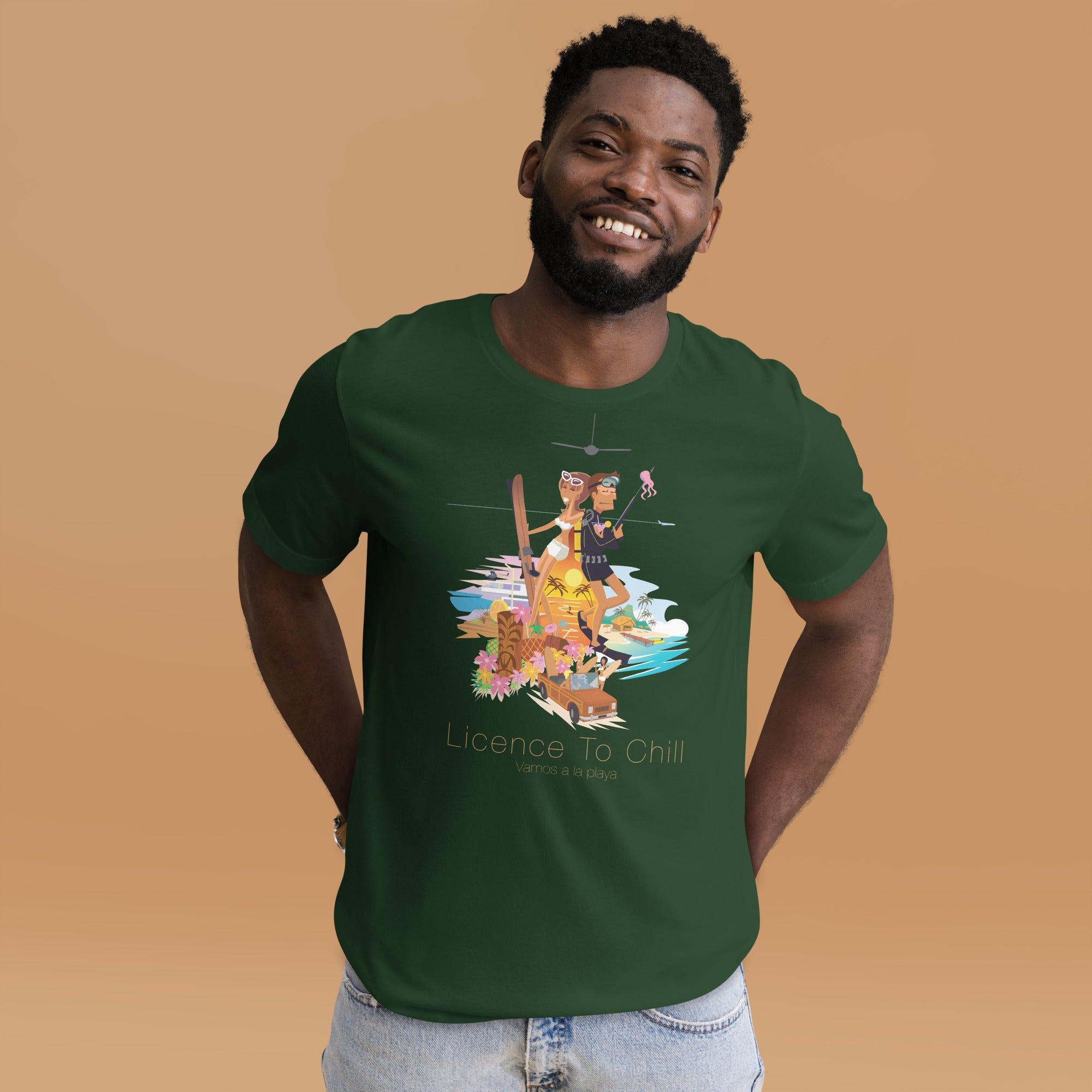 Unisex cotton t-shirt License to Chill Vamos a la Playa on Green