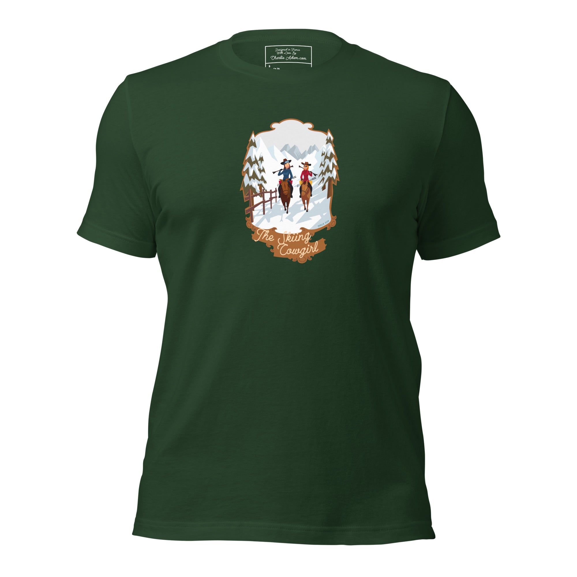 T-shirt en coton unisexe The Skiing Cowgirl sur couleurs foncées
