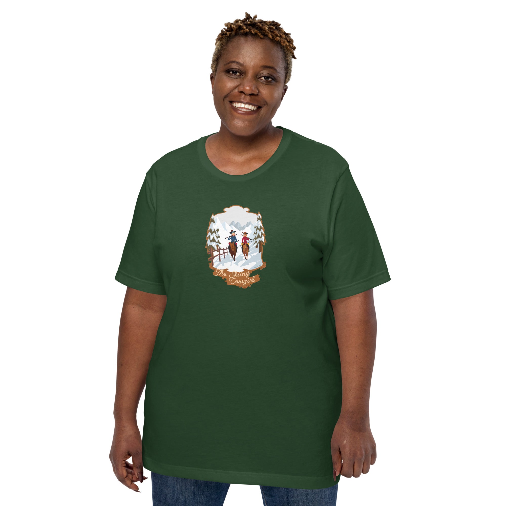 T-shirt en coton unisexe The Skiing Cowgirl sur couleurs foncées