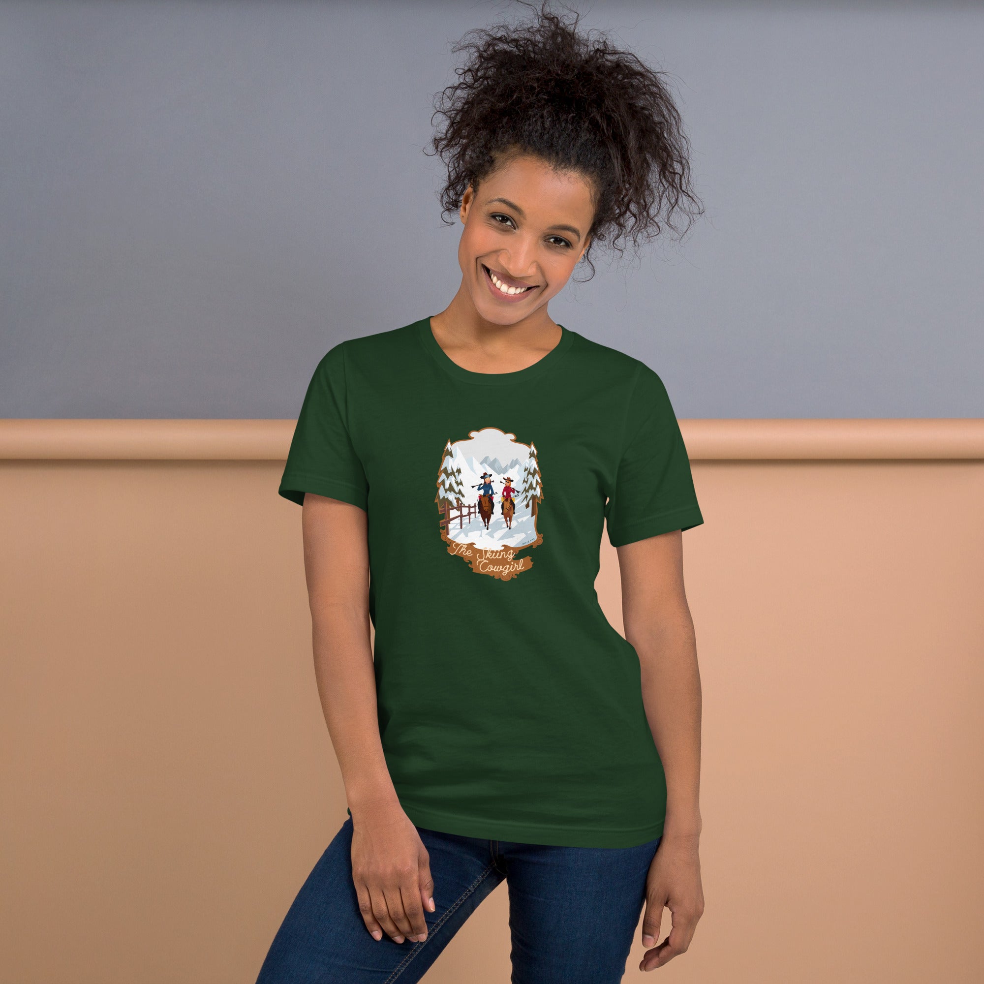 T-shirt en coton unisexe The Skiing Cowgirl sur couleurs foncées