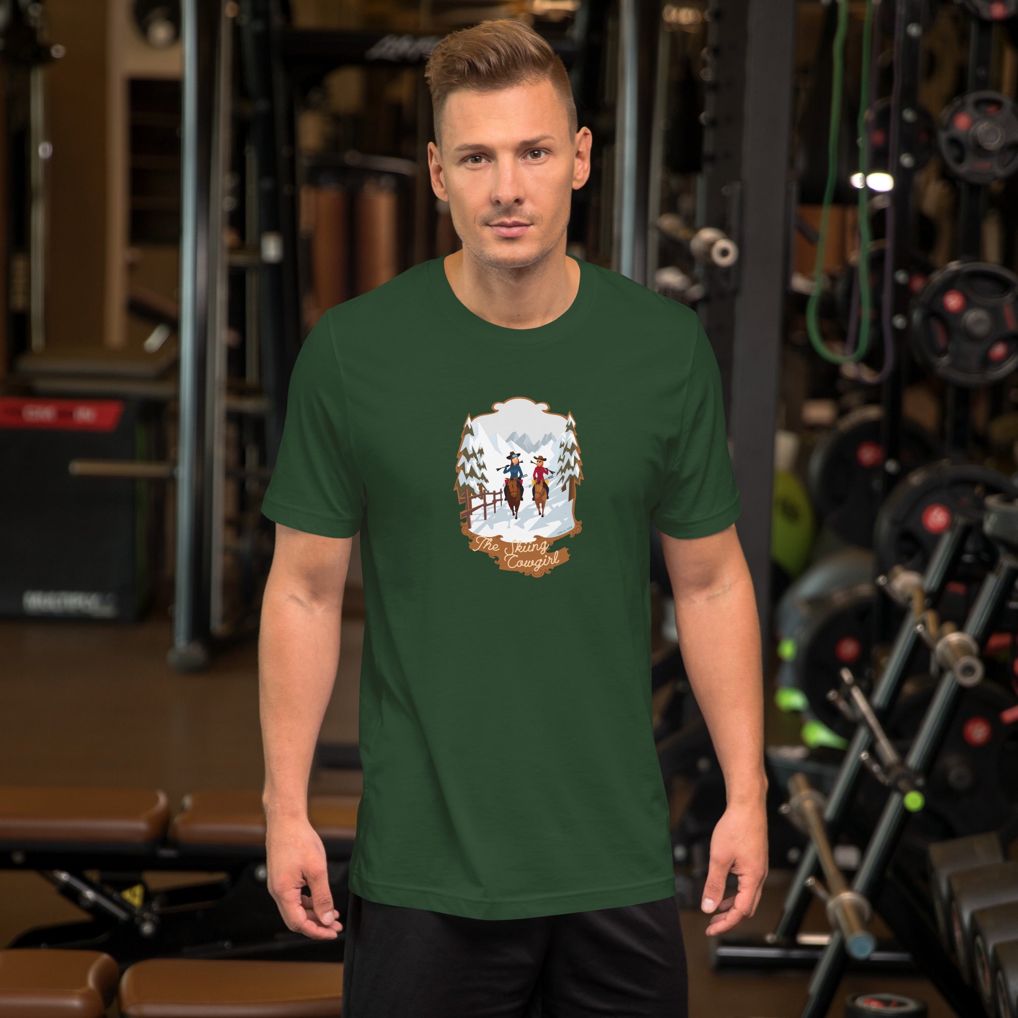 T-shirt en coton unisexe The Skiing Cowgirl sur couleurs foncées