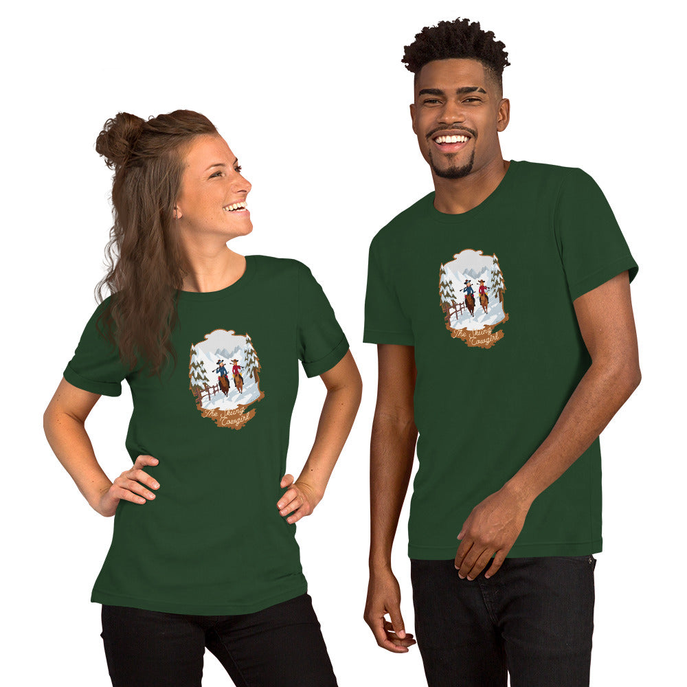 T-shirt en coton unisexe The Skiing Cowgirl sur couleurs foncées