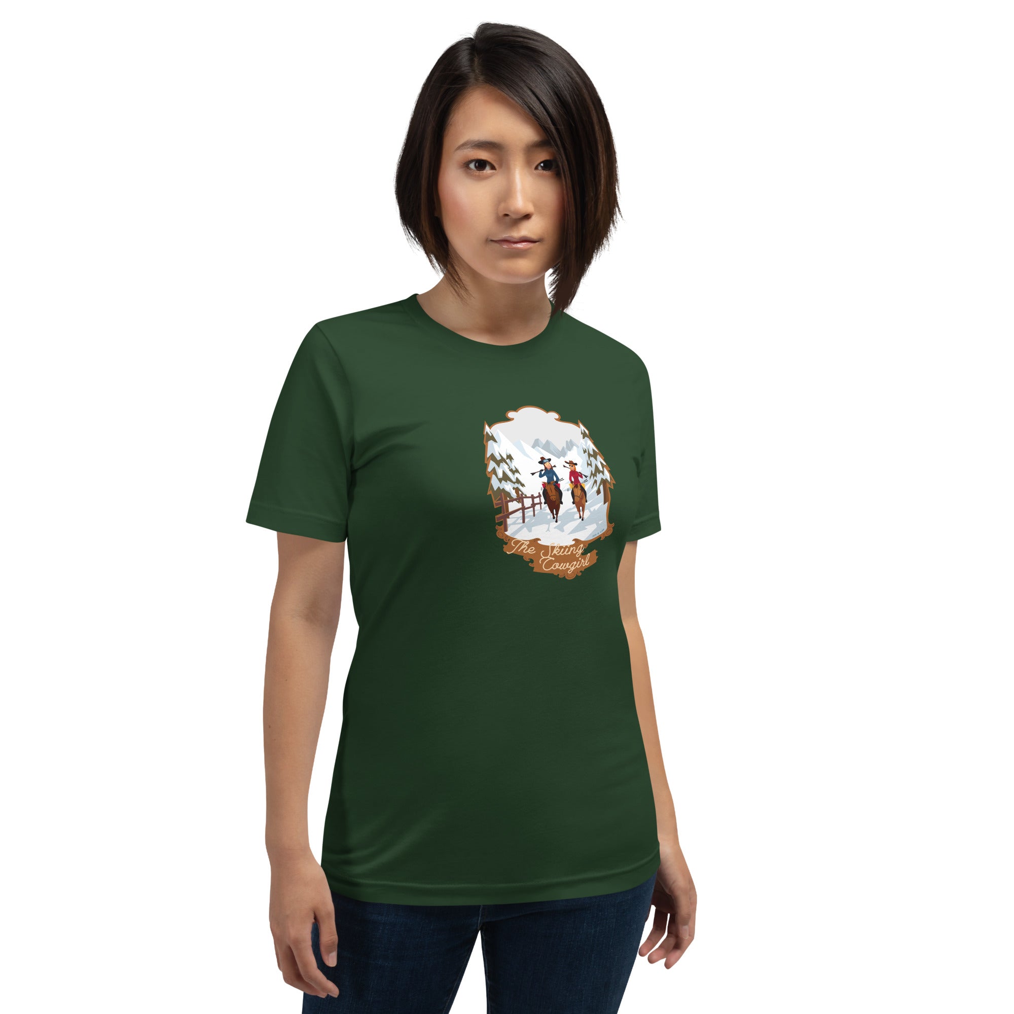 T-shirt en coton unisexe The Skiing Cowgirl sur couleurs foncées