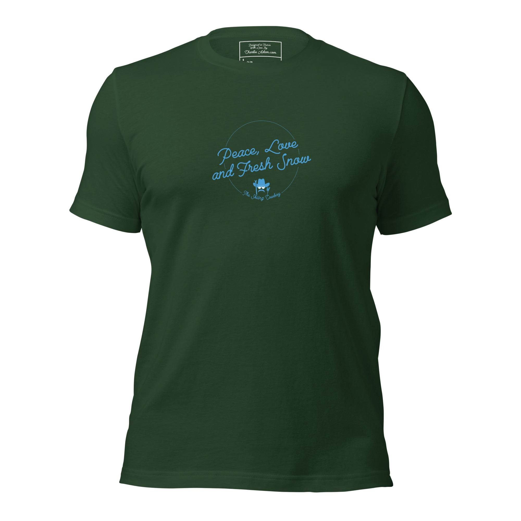T-shirt en coton unisexe Peace, Love and Fresh Snow sur couleurs foncées