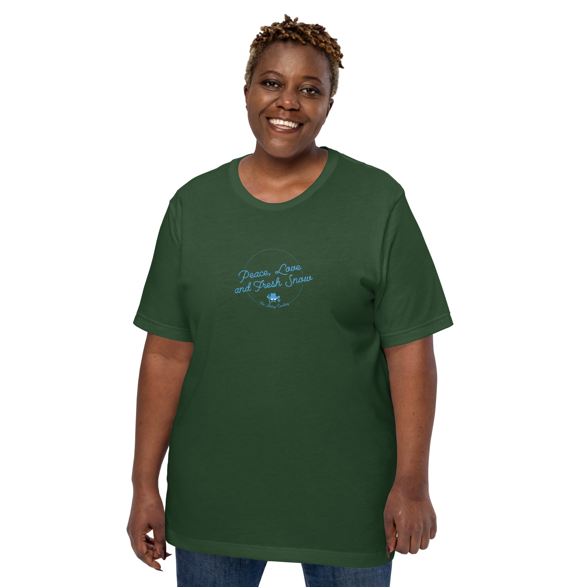 T-shirt en coton unisexe Peace, Love and Fresh Snow sur couleurs foncées