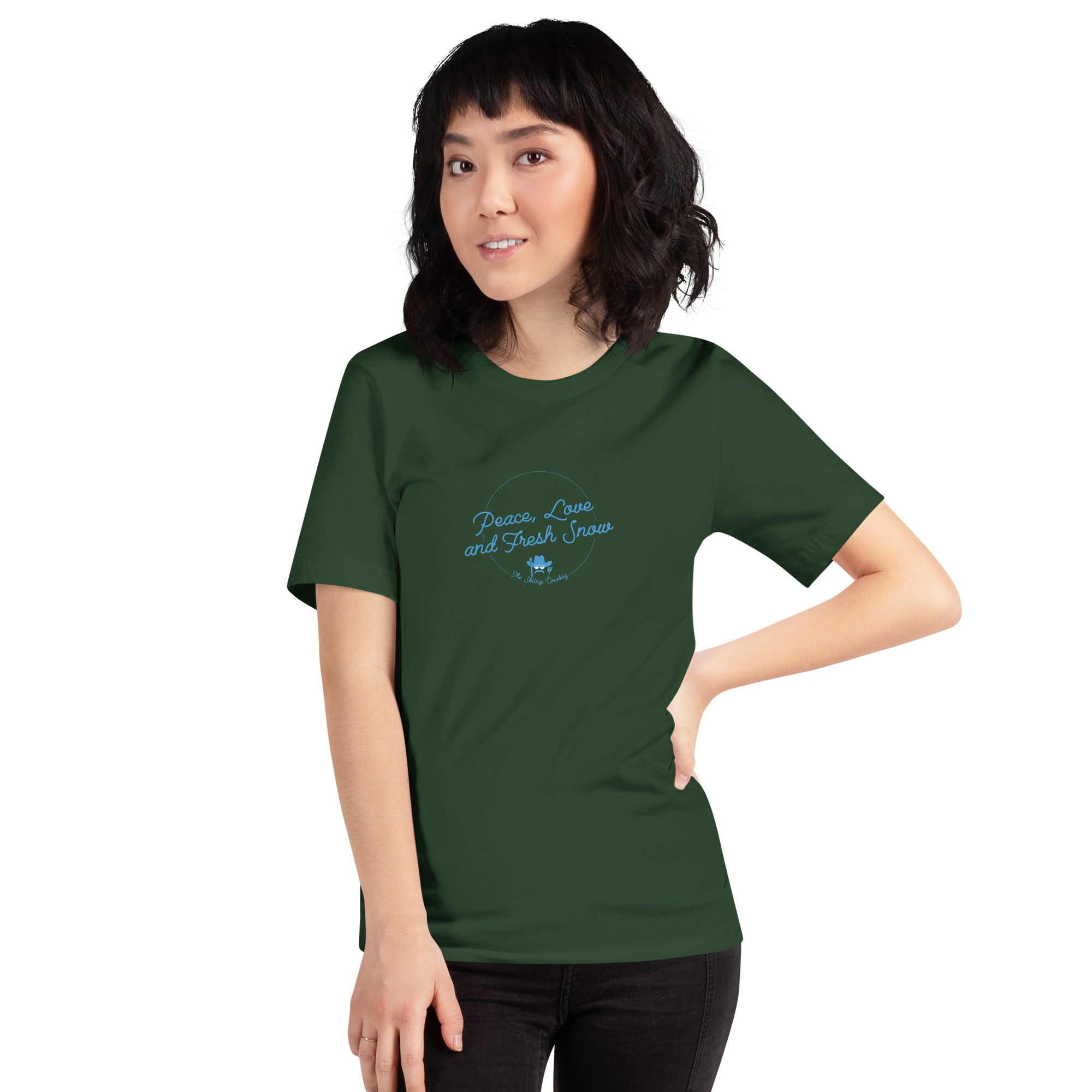 T-shirt en coton unisexe Peace, Love and Fresh Snow sur couleurs foncées