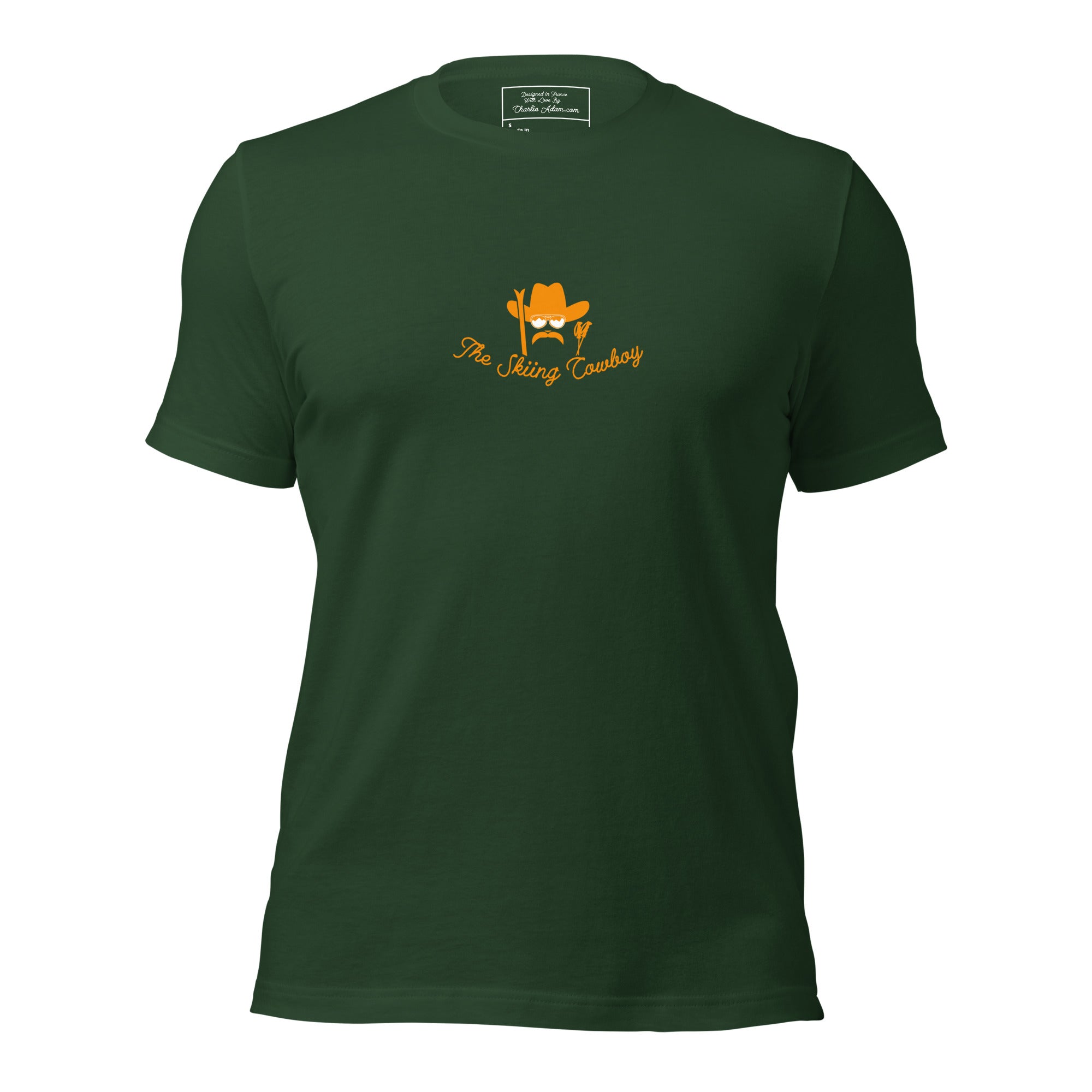 T-shirt en coton unisexe Skiing Cowboy (face) & Ski Fight at OK Corral Outline (dos) sur couleurs foncées