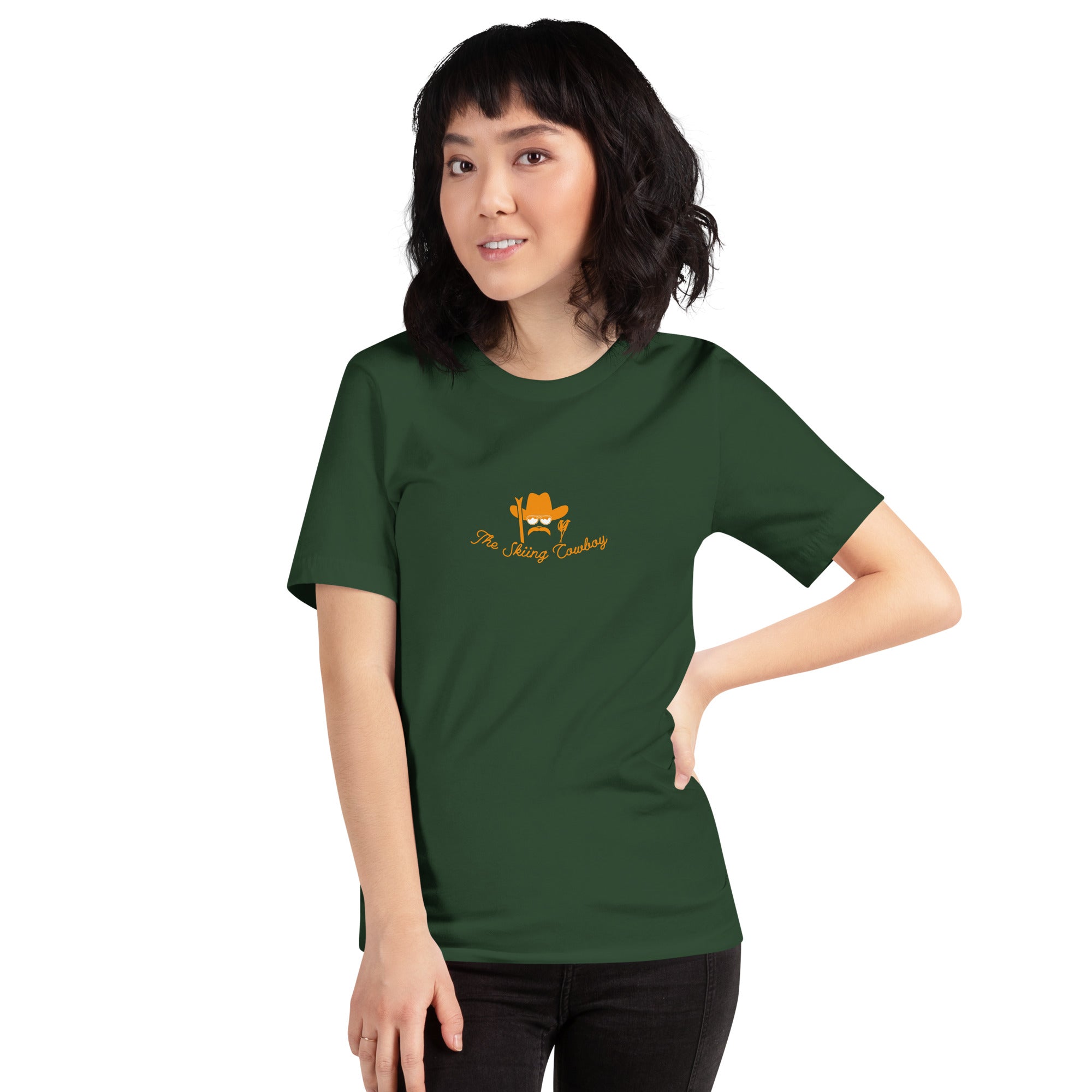 T-shirt en coton unisexe Skiing Cowboy (face) & Ski Fight at OK Corral Outline (dos) sur couleurs foncées