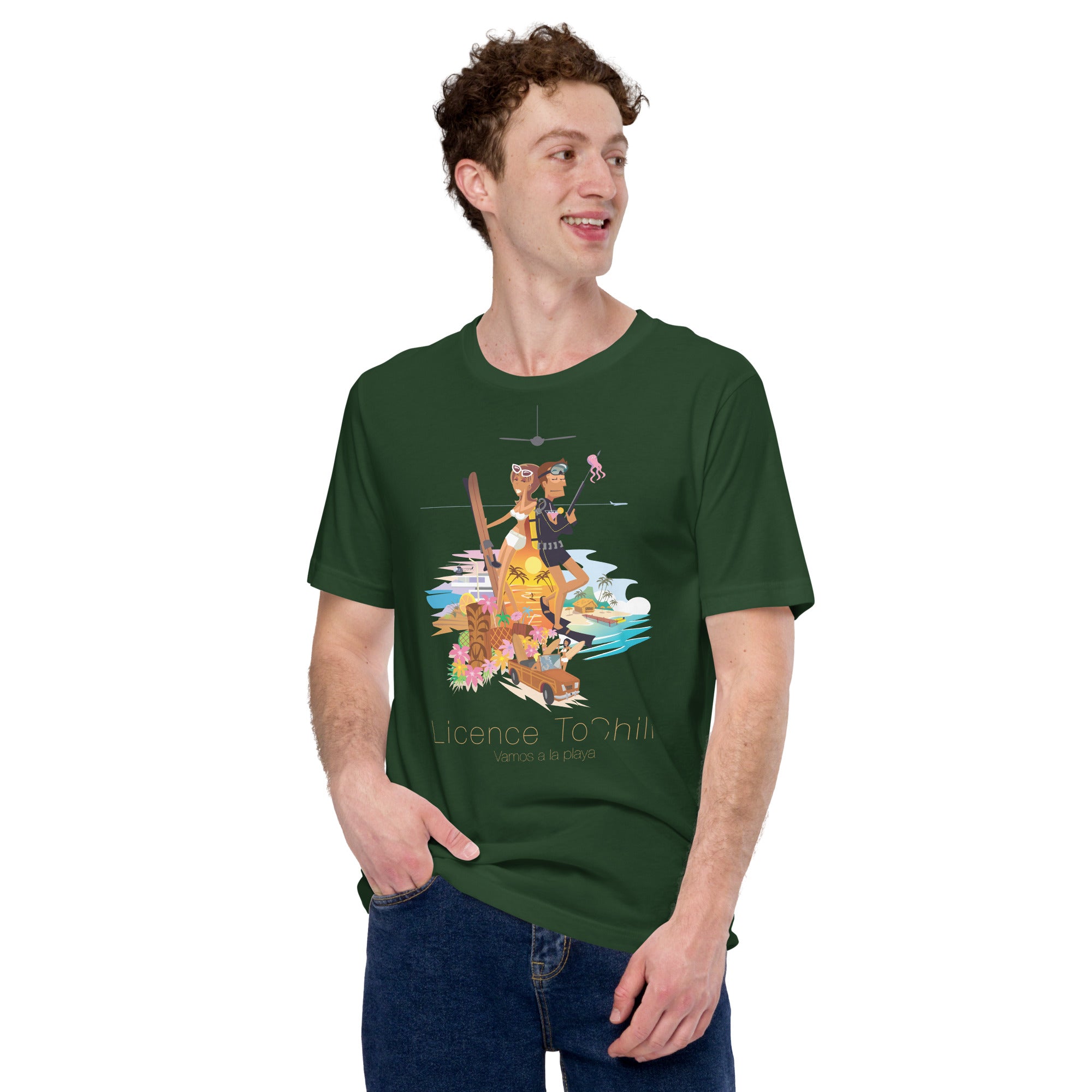 Unisex cotton t-shirt License to Chill Vamos a la Playa on Green