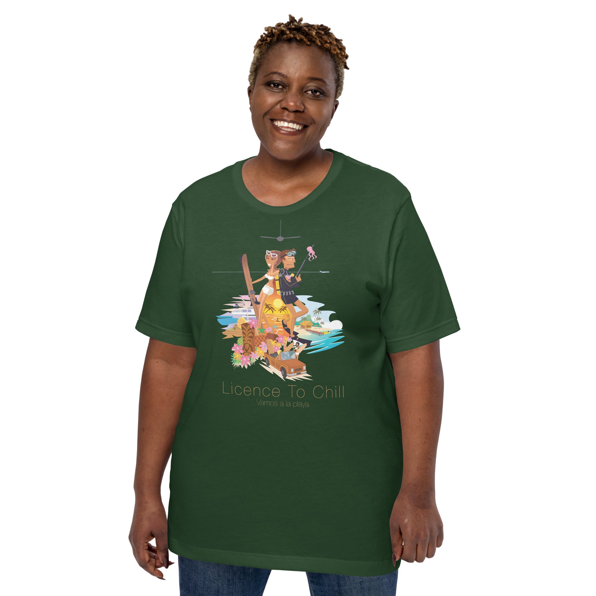 Unisex cotton t-shirt License to Chill Vamos a la Playa on Green