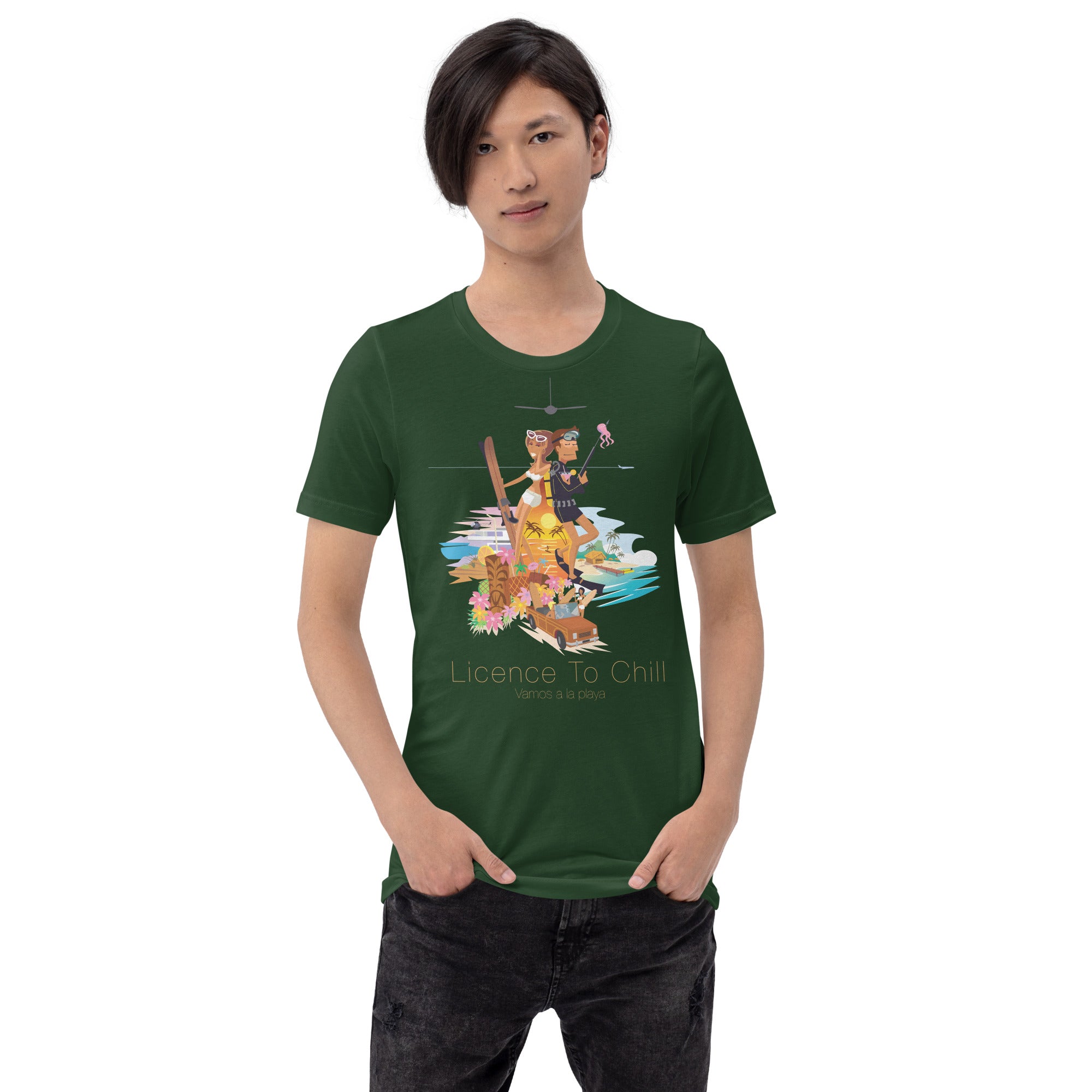 Unisex cotton t-shirt License to Chill Vamos a la Playa on Green