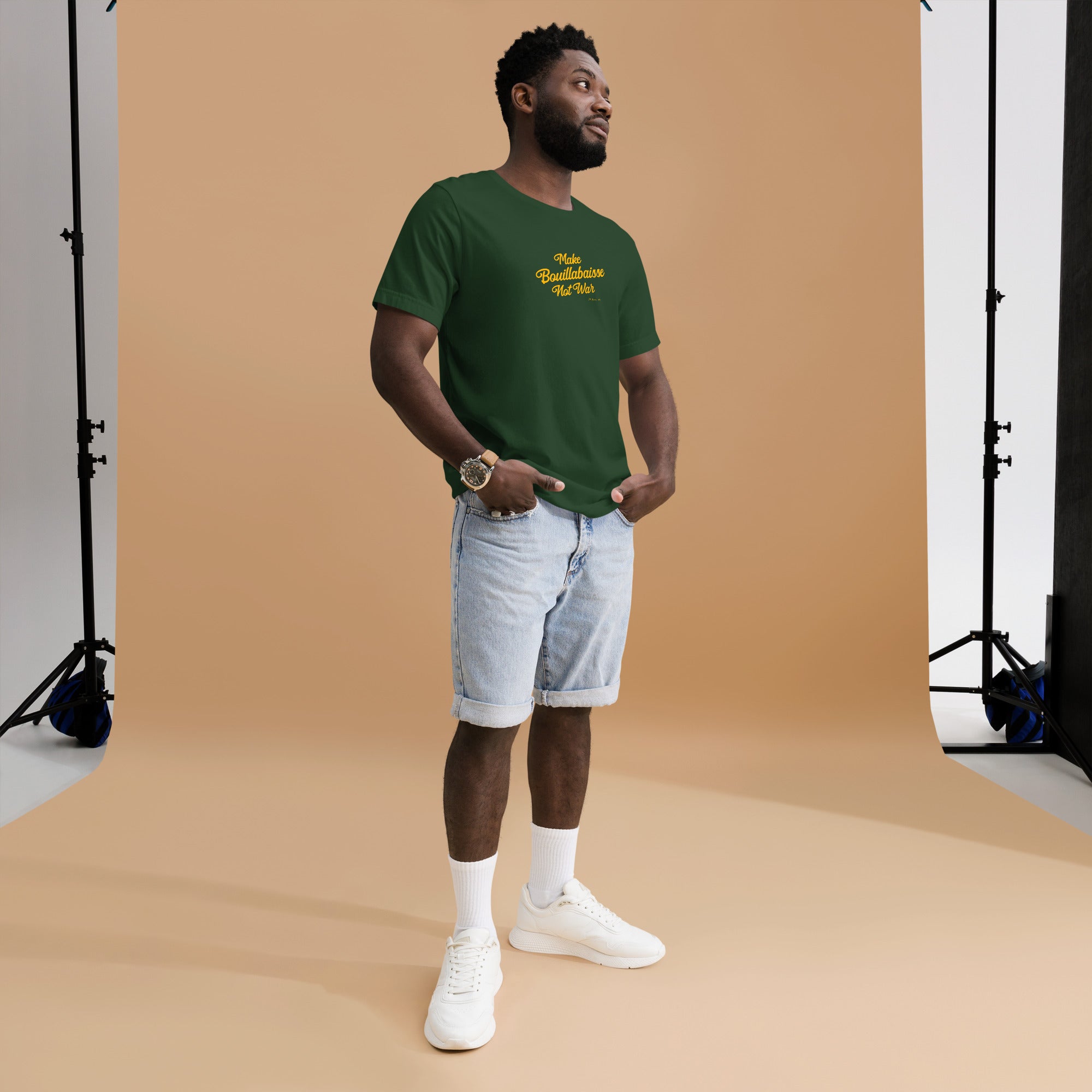 Unisex t-shirt Make Bouillabaisse Not War Text Only on greens