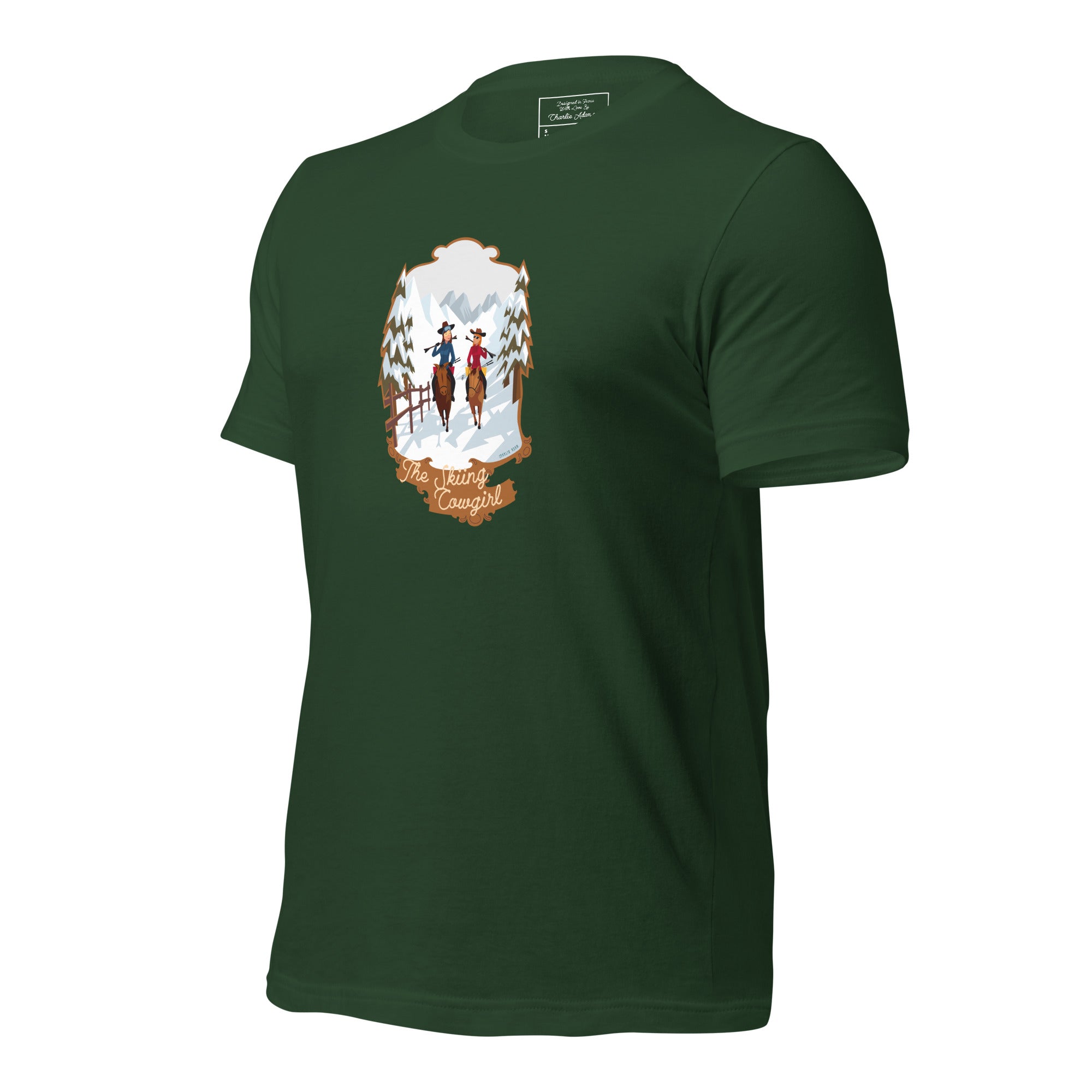 T-shirt en coton unisexe The Skiing Cowgirl sur couleurs foncées