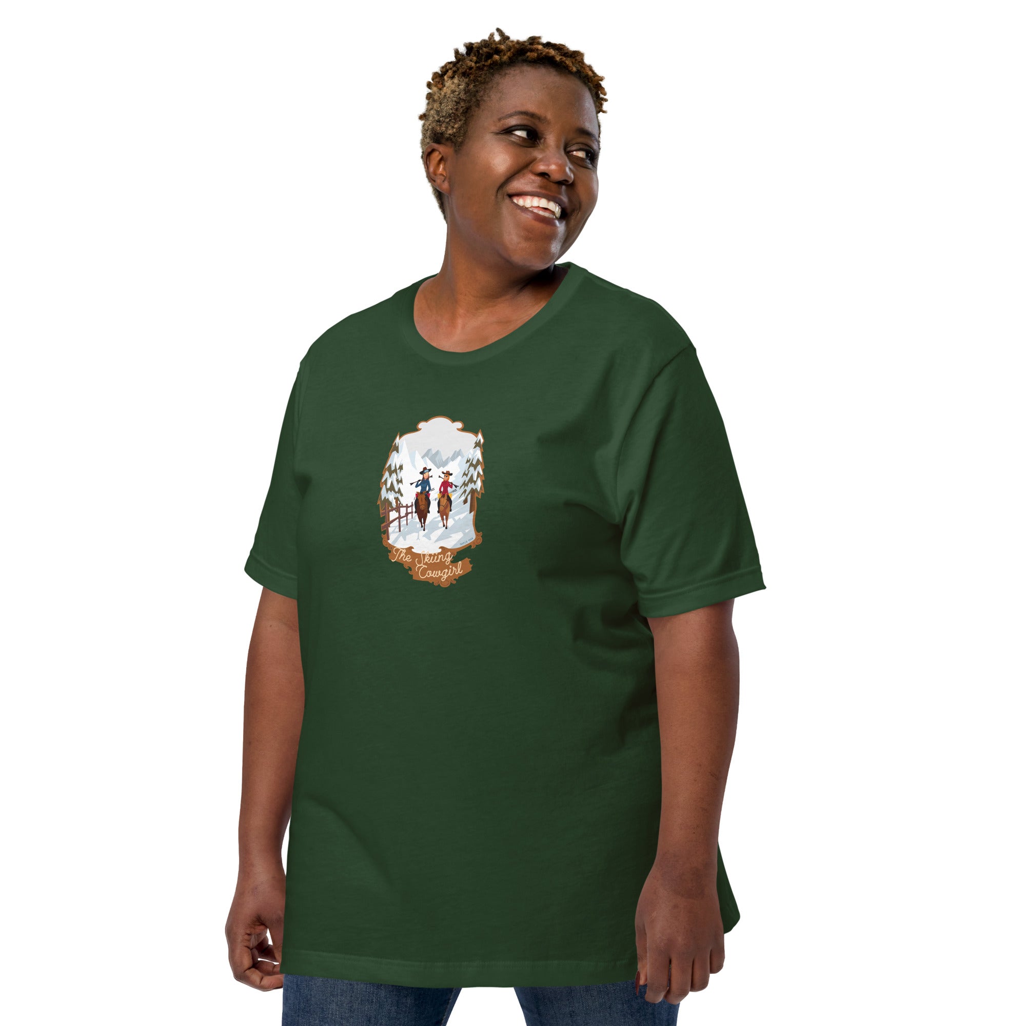 T-shirt en coton unisexe The Skiing Cowgirl sur couleurs foncées