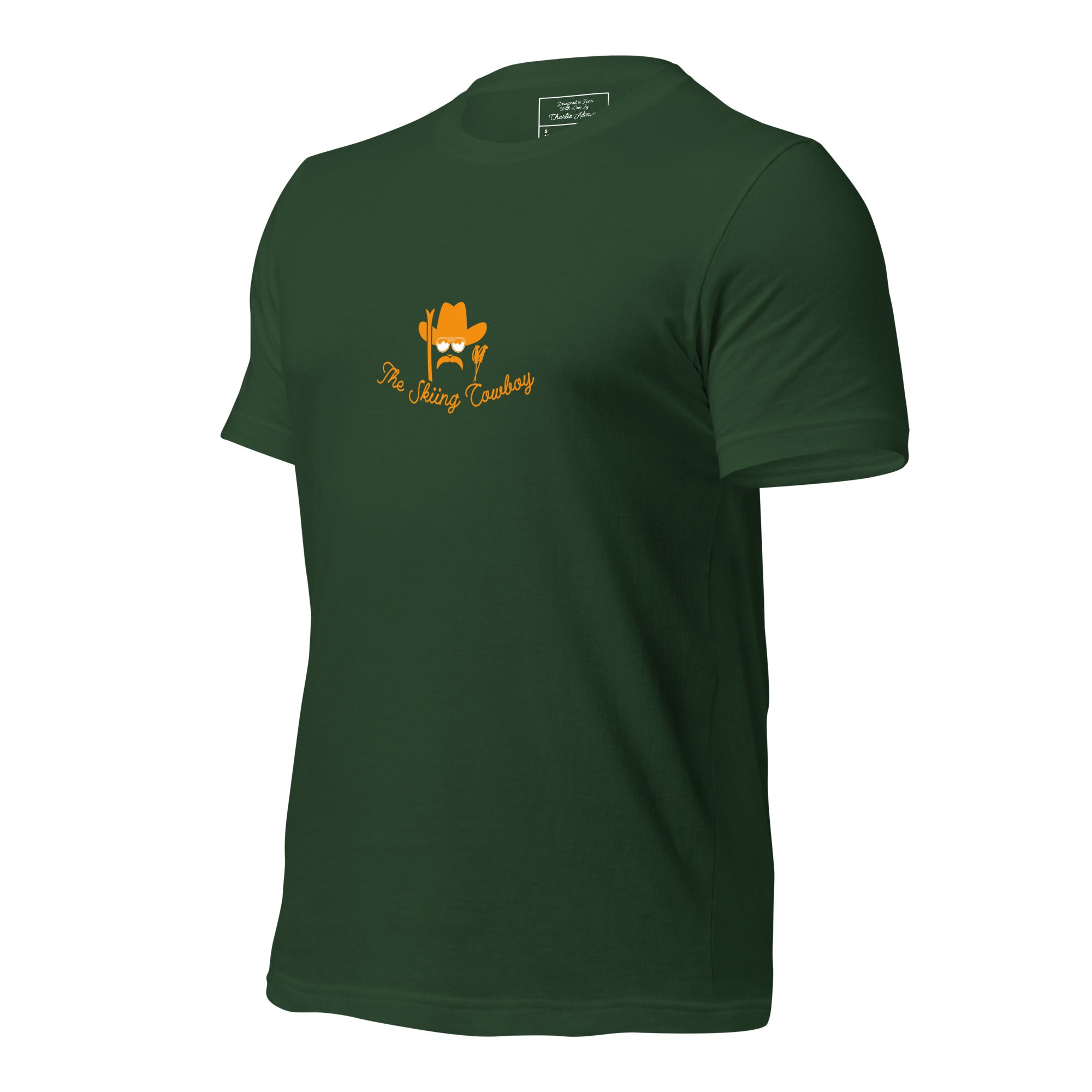 T-shirt en coton unisexe Skiing Cowboy (face) & Ski Fight at OK Corral Outline (dos) sur couleurs foncées