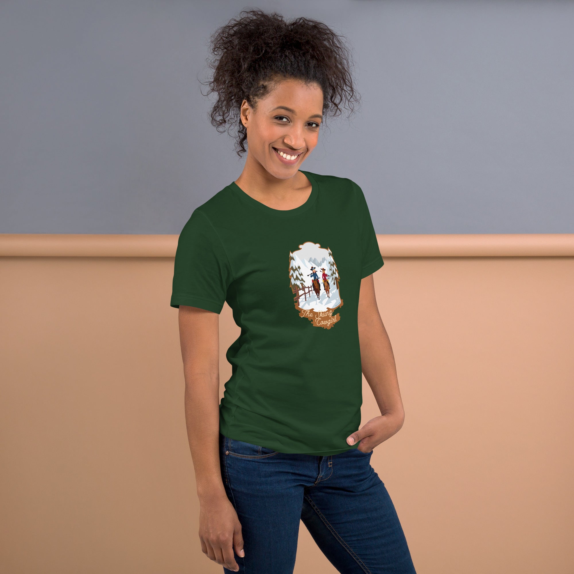 T-shirt en coton unisexe The Skiing Cowgirl sur couleurs foncées