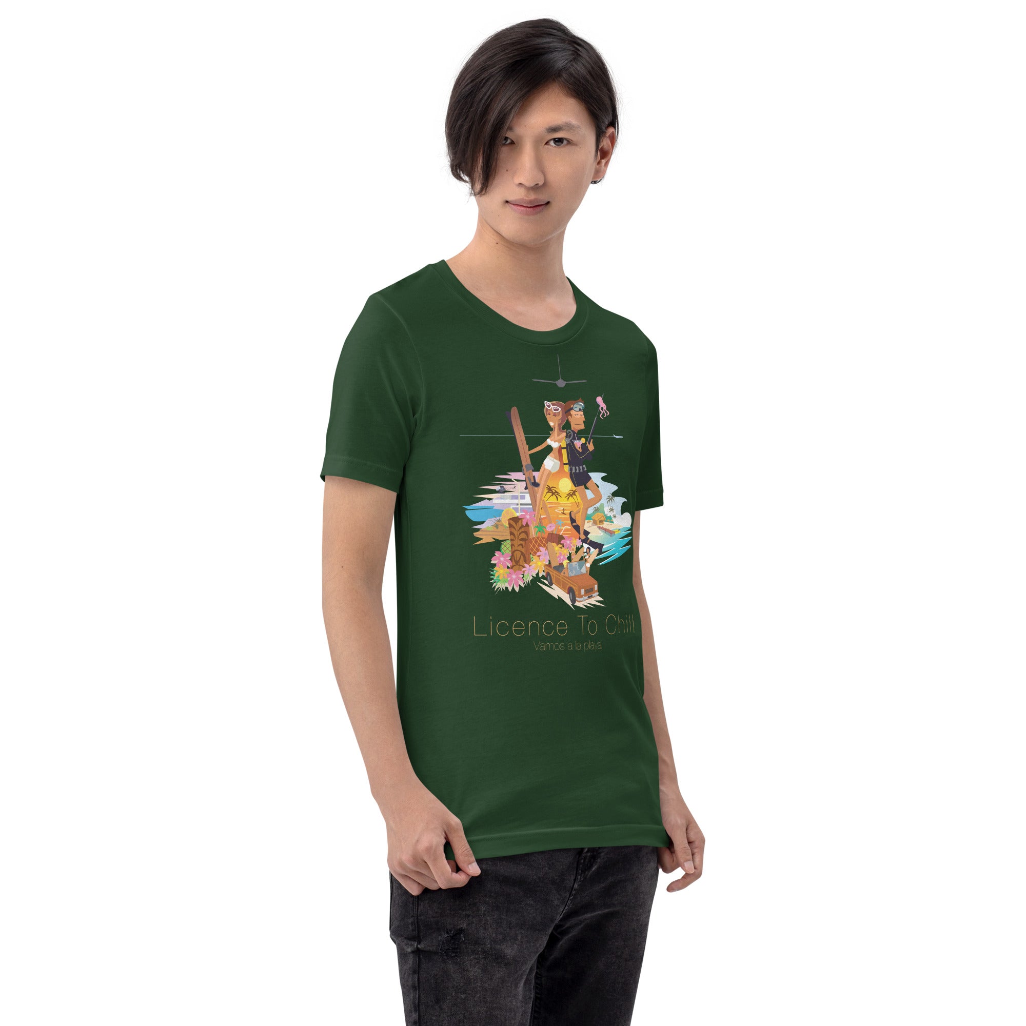 Unisex cotton t-shirt License to Chill Vamos a la Playa on Green