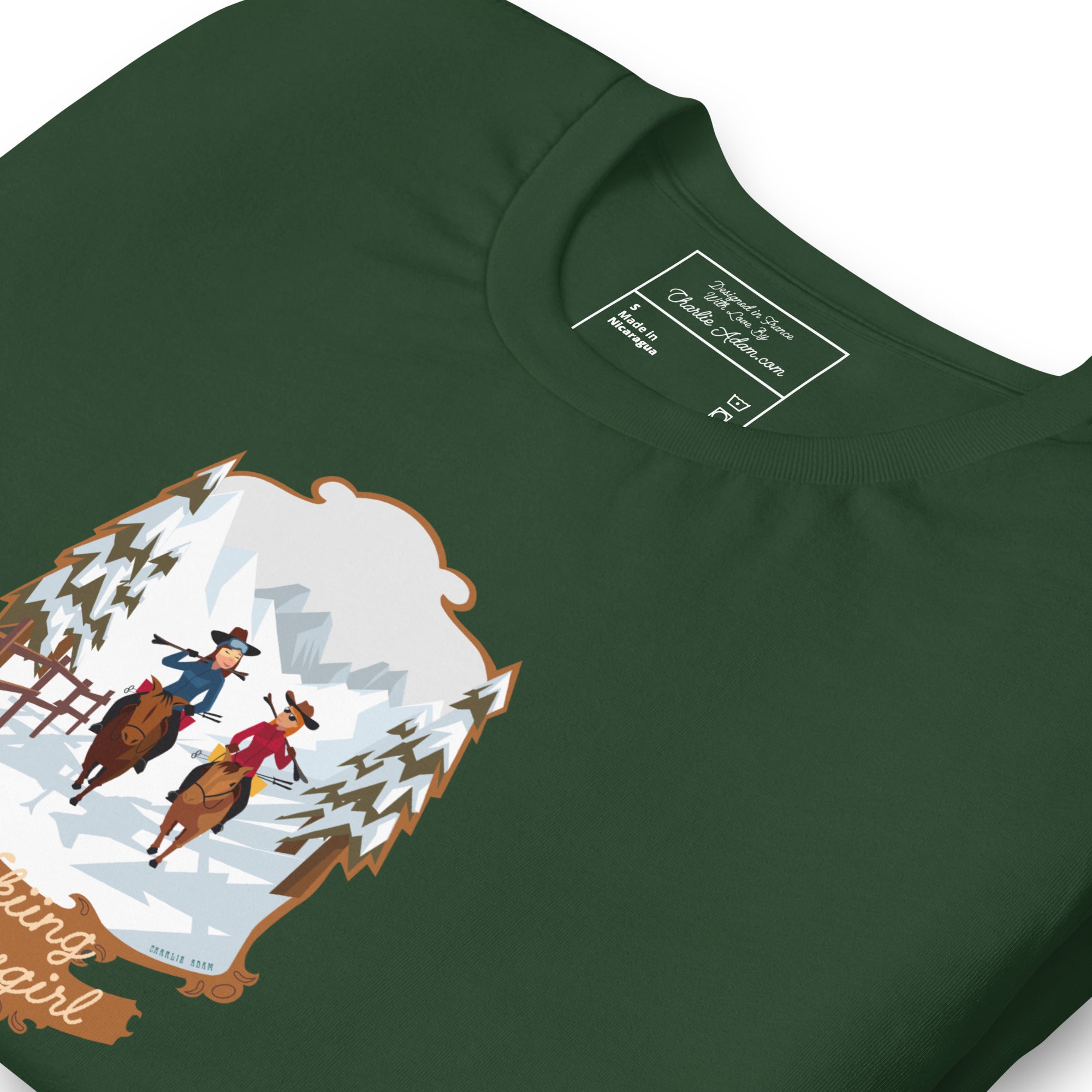 T-shirt en coton unisexe The Skiing Cowgirl sur couleurs foncées