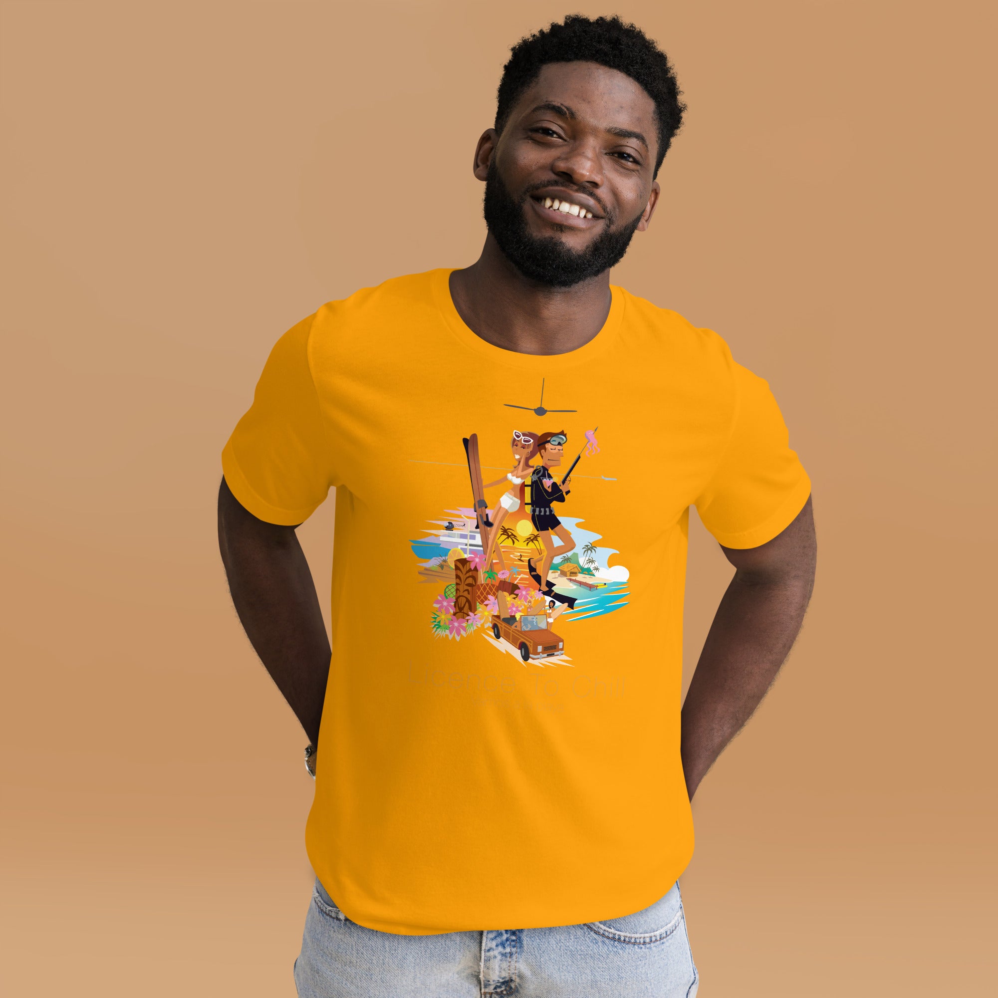 Unisex cotton t-shirt License to Chill Vamos a la Playa on bright colors