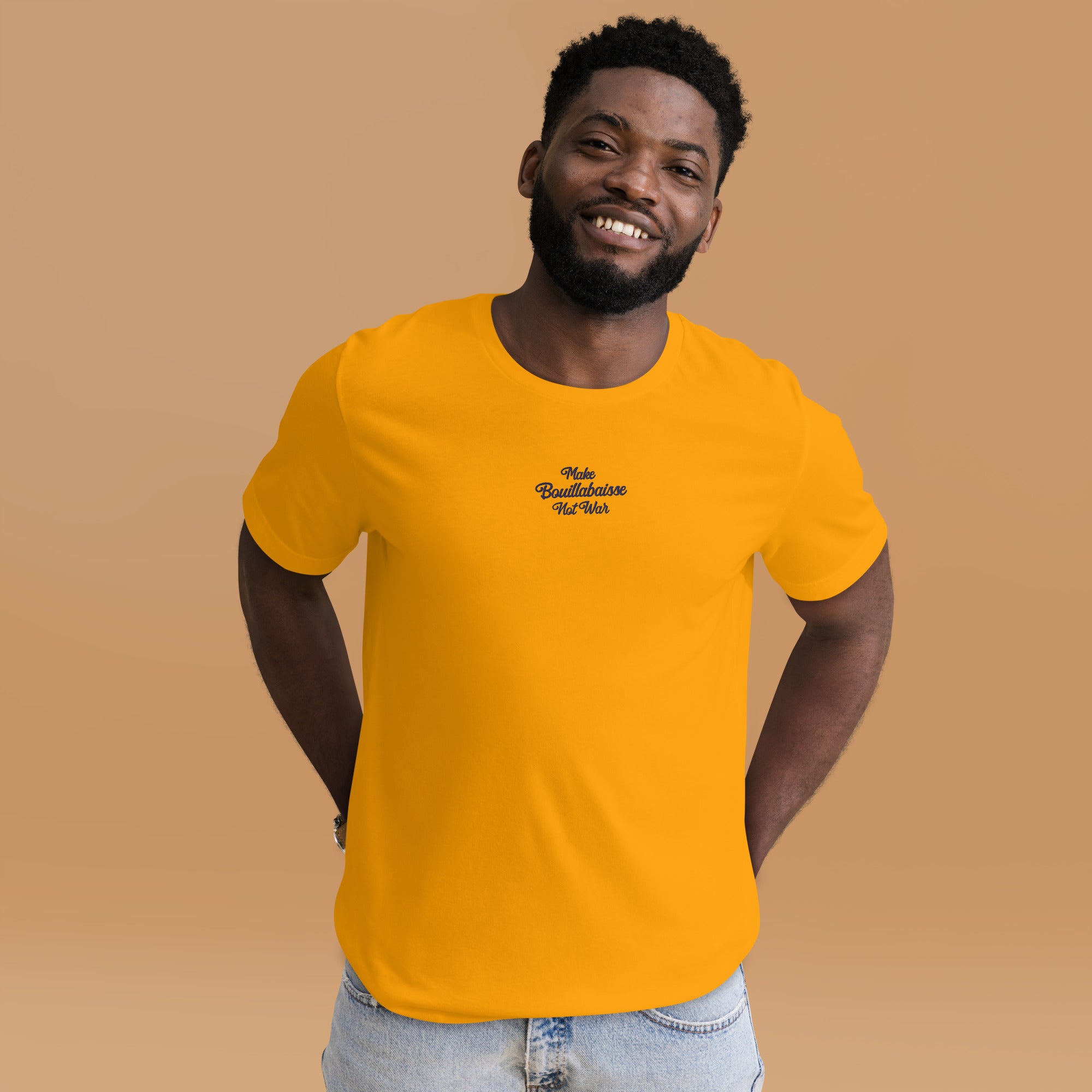 Unisex t-shirt Make Bouillabaisse Not War Text Only navy on bright colors