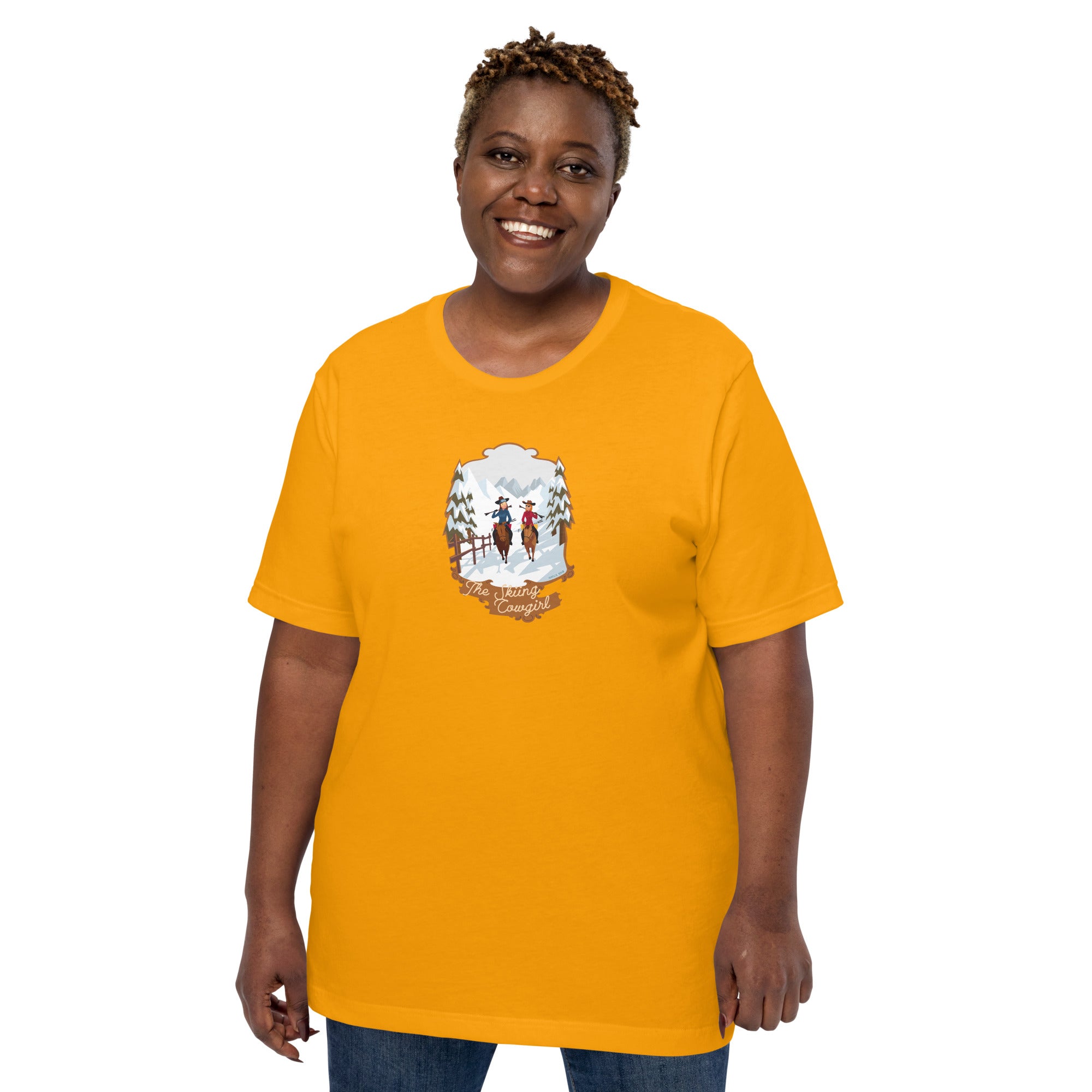 T-shirt en coton unisexe The Skiing Cowgirl sur couleurs vives