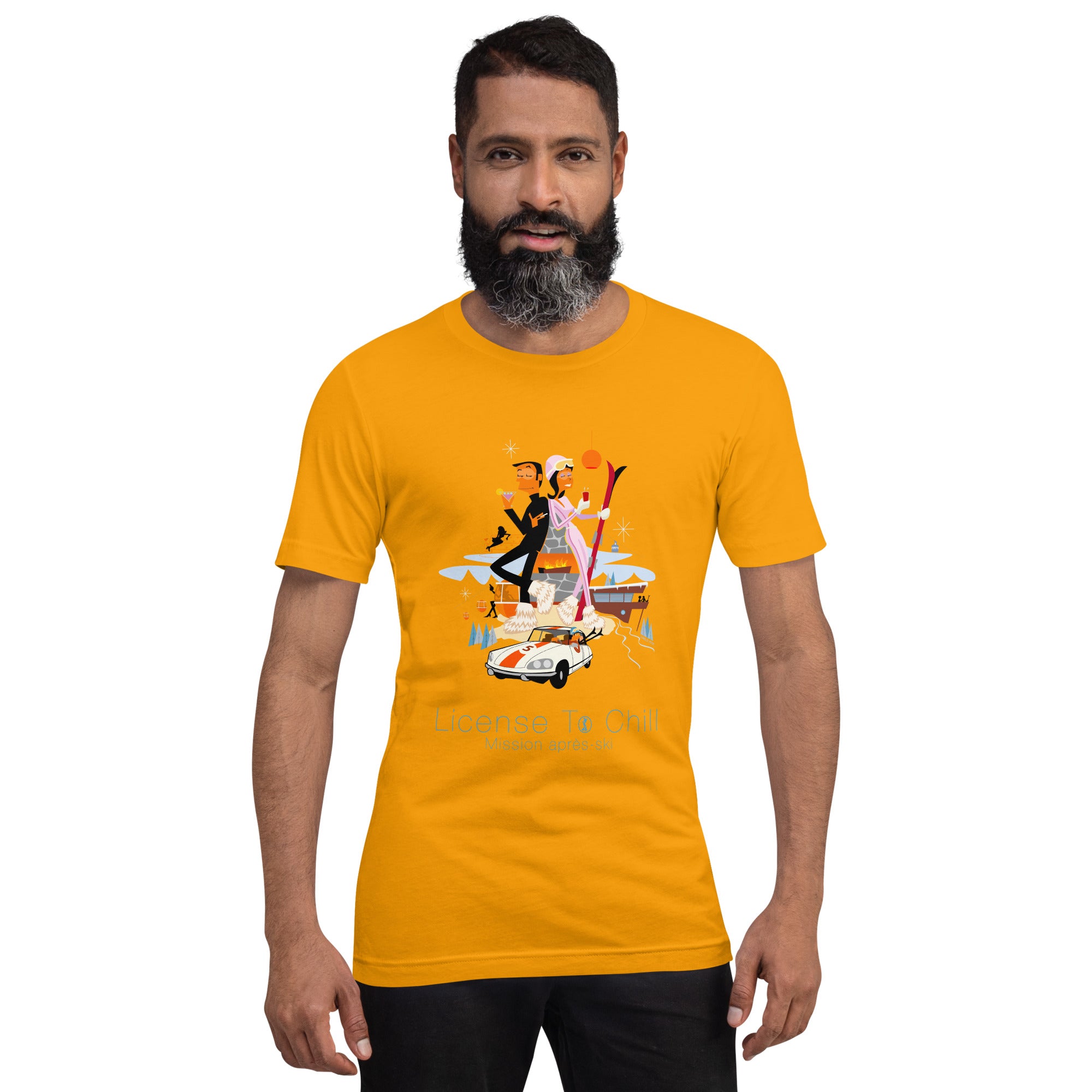 Unisex cotton t-shirt License to Chill Mission Après-Ski on bright colors