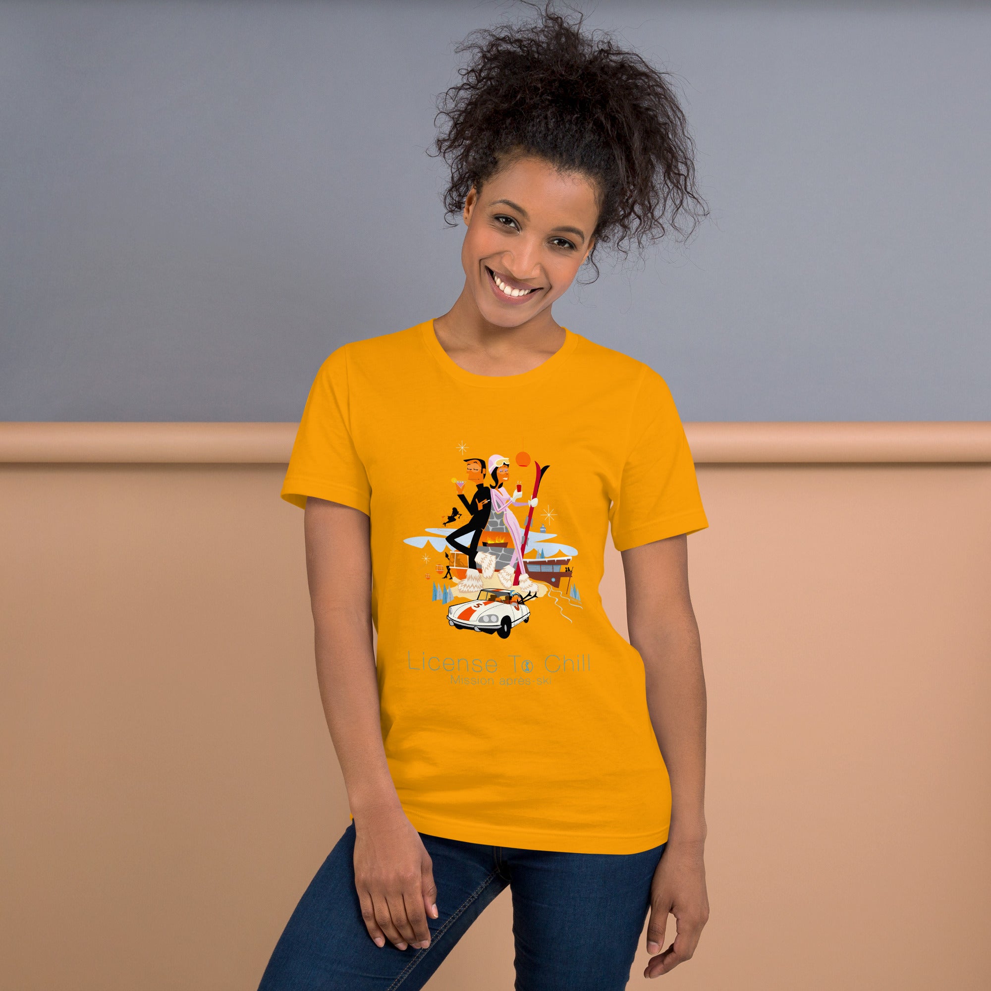 Unisex cotton t-shirt License to Chill Mission Après-Ski on bright colors