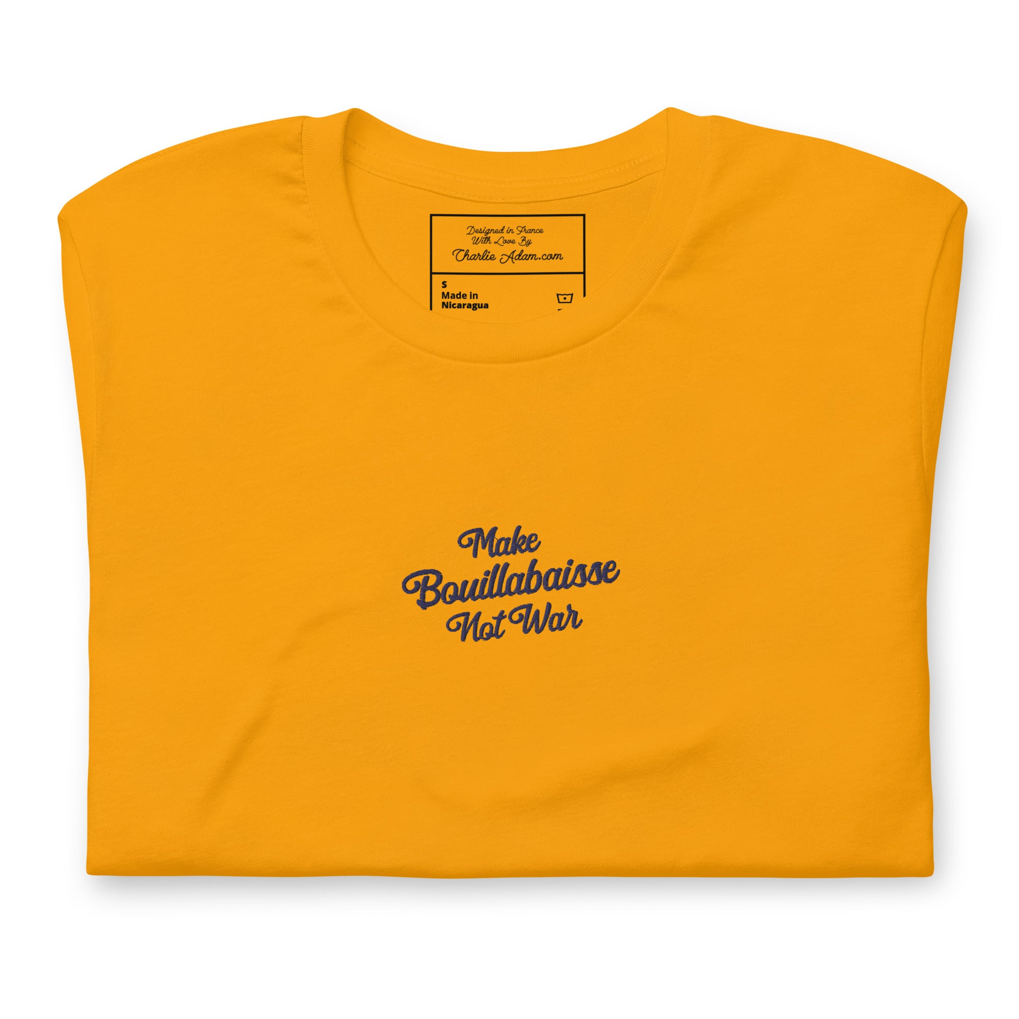Unisex t-shirt Make Bouillabaisse Not War Text Only navy on bright colors