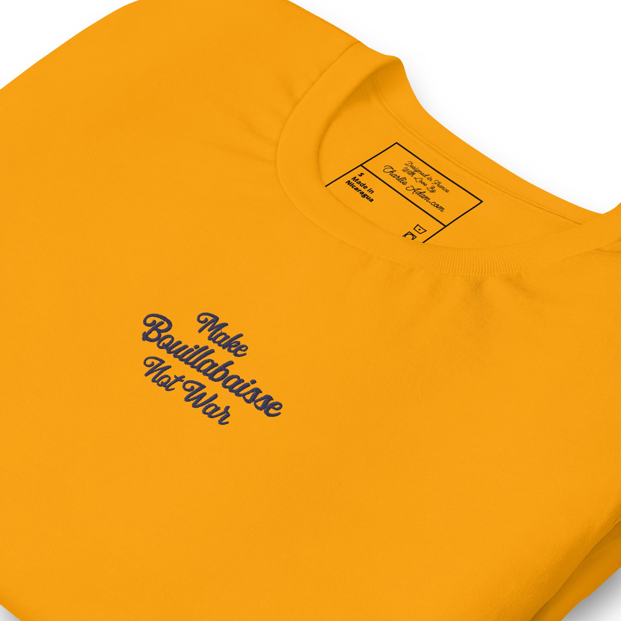 Unisex t-shirt Make Bouillabaisse Not War Text Only navy on bright colors