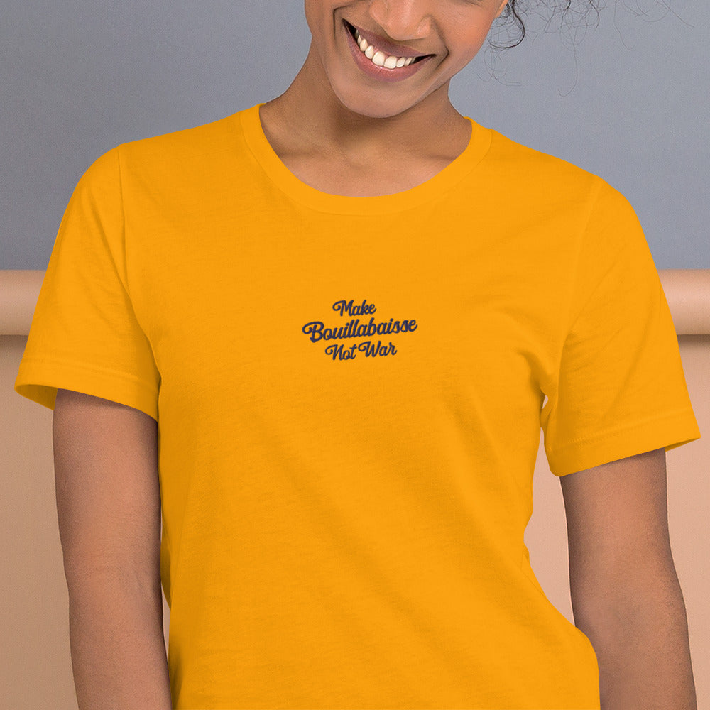 Unisex t-shirt Make Bouillabaisse Not War Text Only navy on bright colors