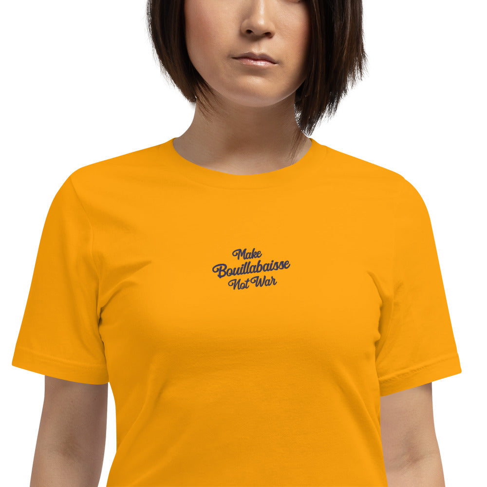 Unisex t-shirt Make Bouillabaisse Not War Text Only navy on bright colors