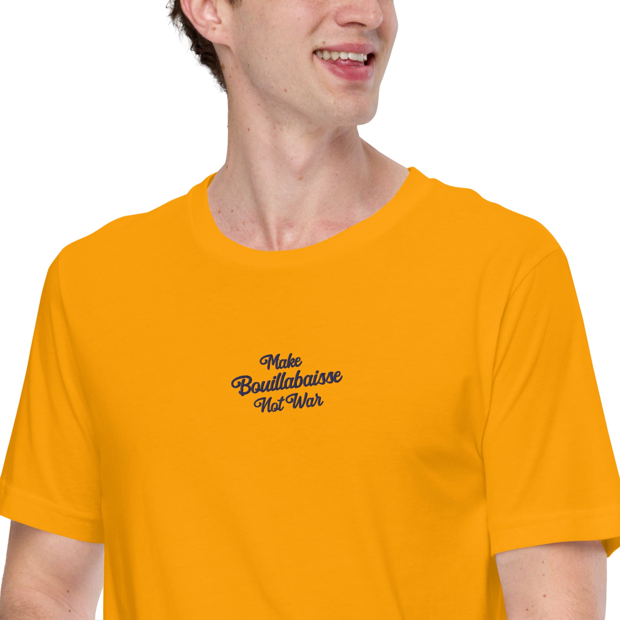 Unisex t-shirt Make Bouillabaisse Not War Text Only navy on bright colors