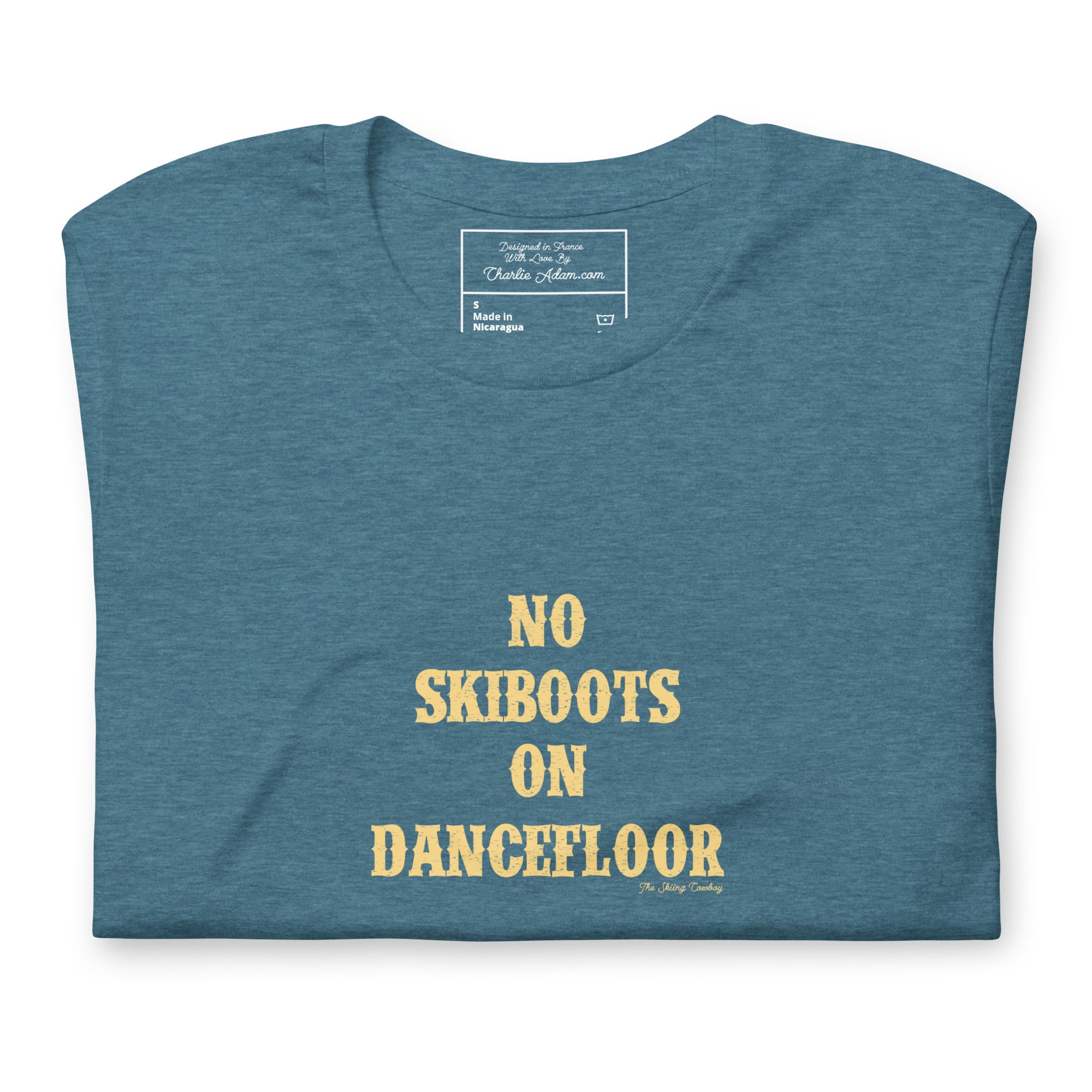 T-shirt en coton unisexe No Skiboots on Dancefloor sur fonds chinés foncés