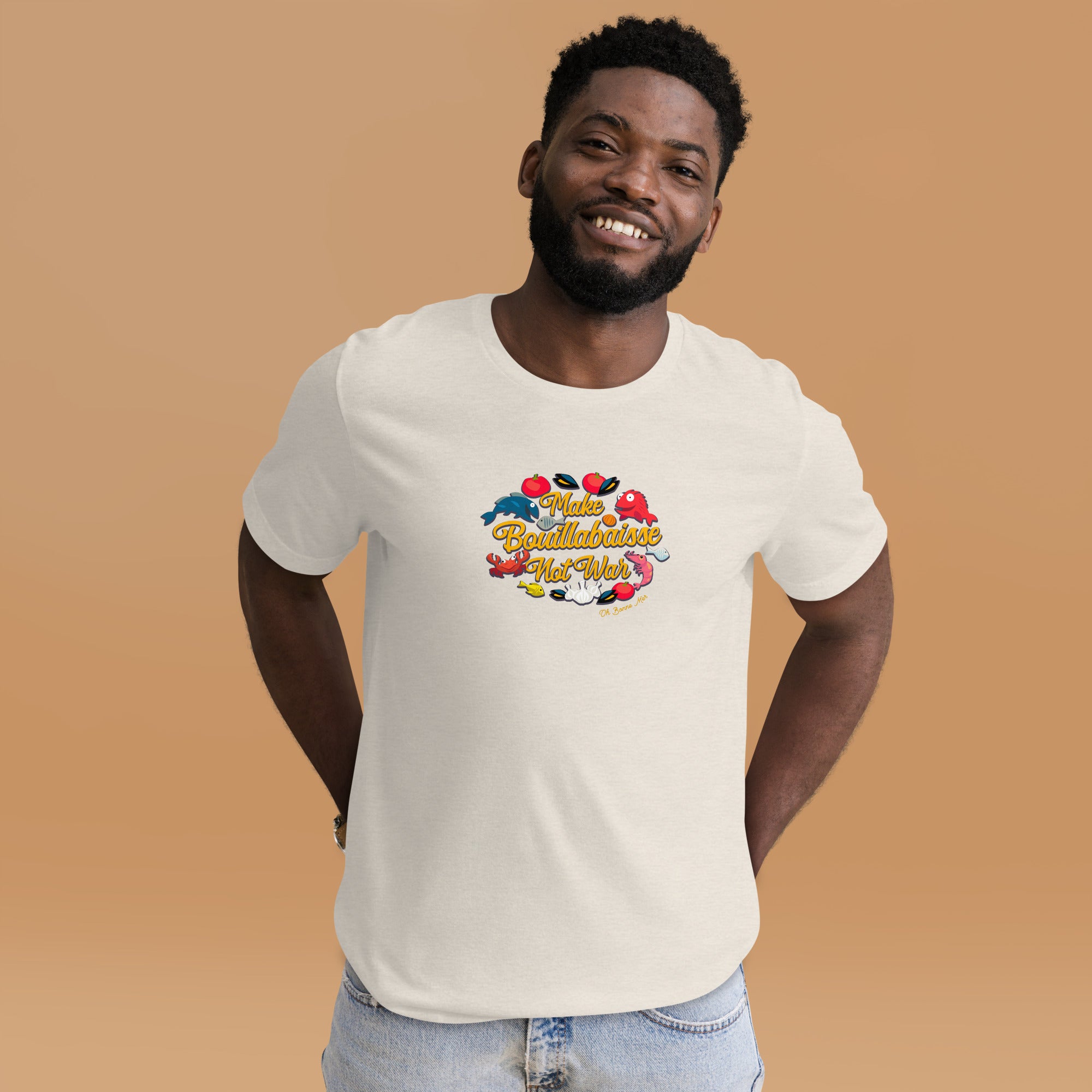 T-shirt en coton unisexe Make Bouillabaisse Not War sur couleurs chinées claires