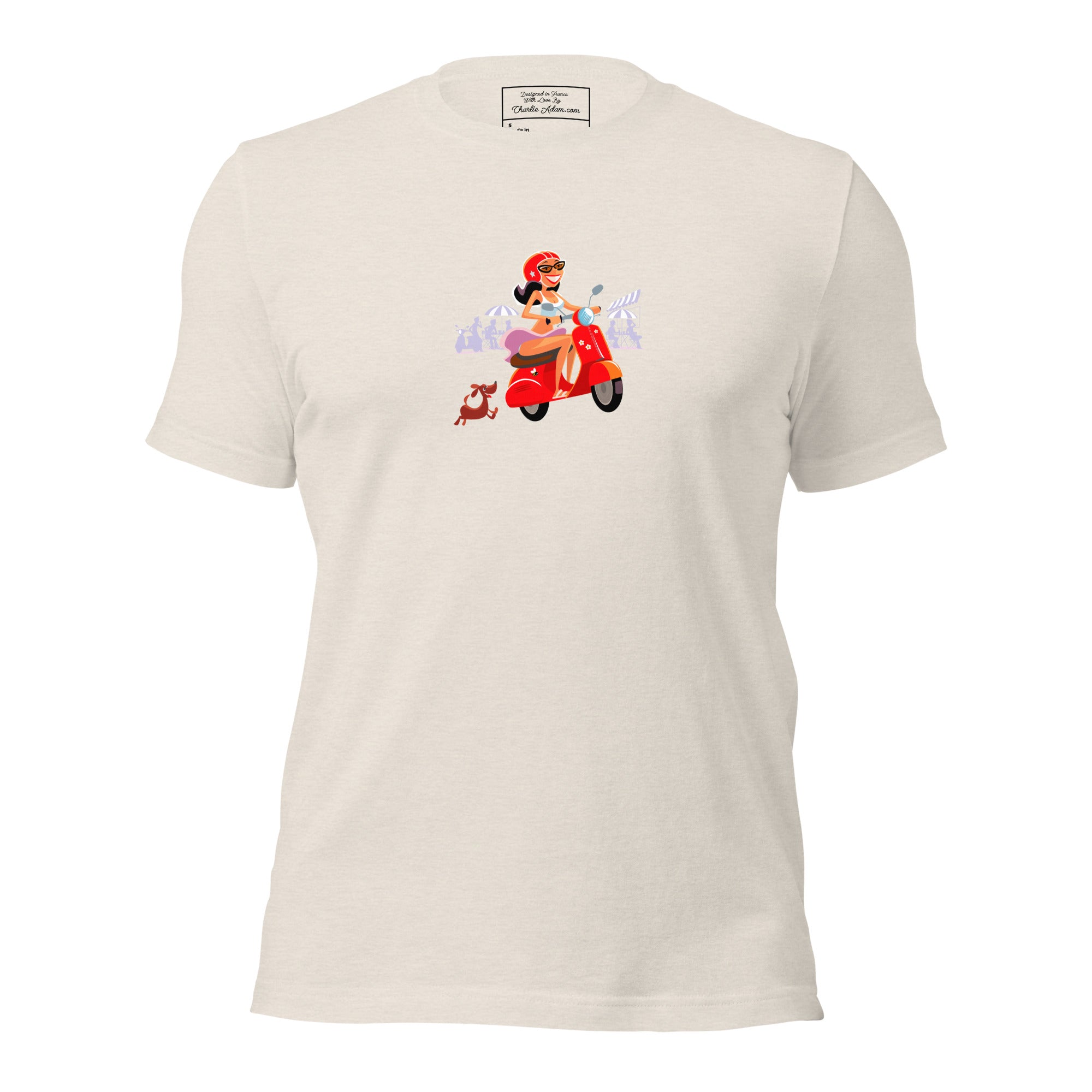 T-shirt en coton unisexe Vespa Girl in St Tropez sur couleurs chinées claires