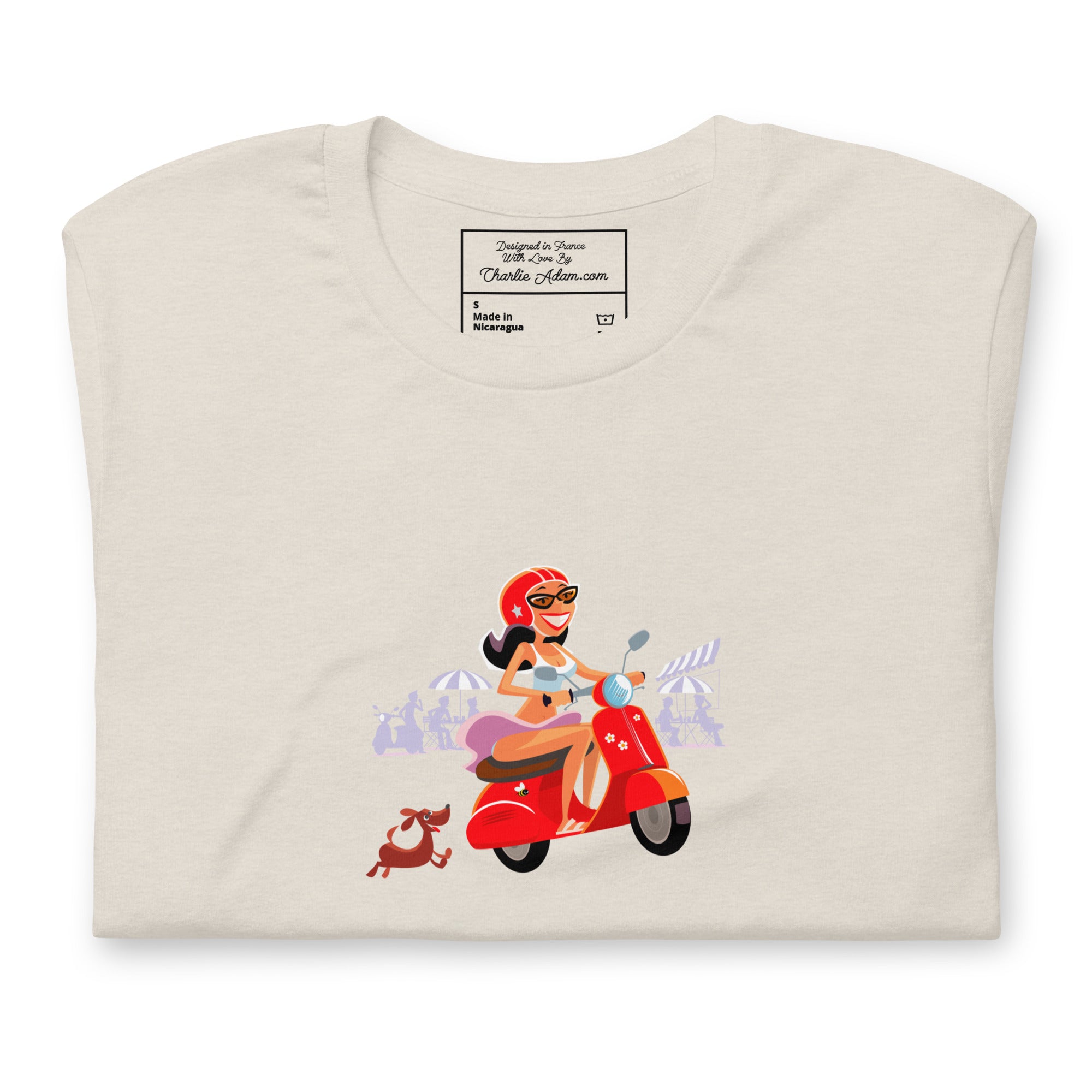 T-shirt en coton unisexe Vespa Girl in St Tropez sur couleurs chinées claires