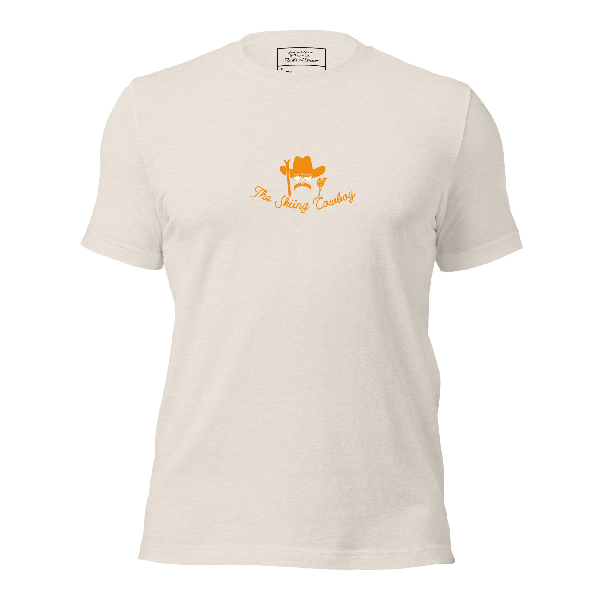 T-shirt en coton unisexe Skiing Cowboy (face) & Ski Fight at OK Corral Outline (dos) sur couleurs chinées claires