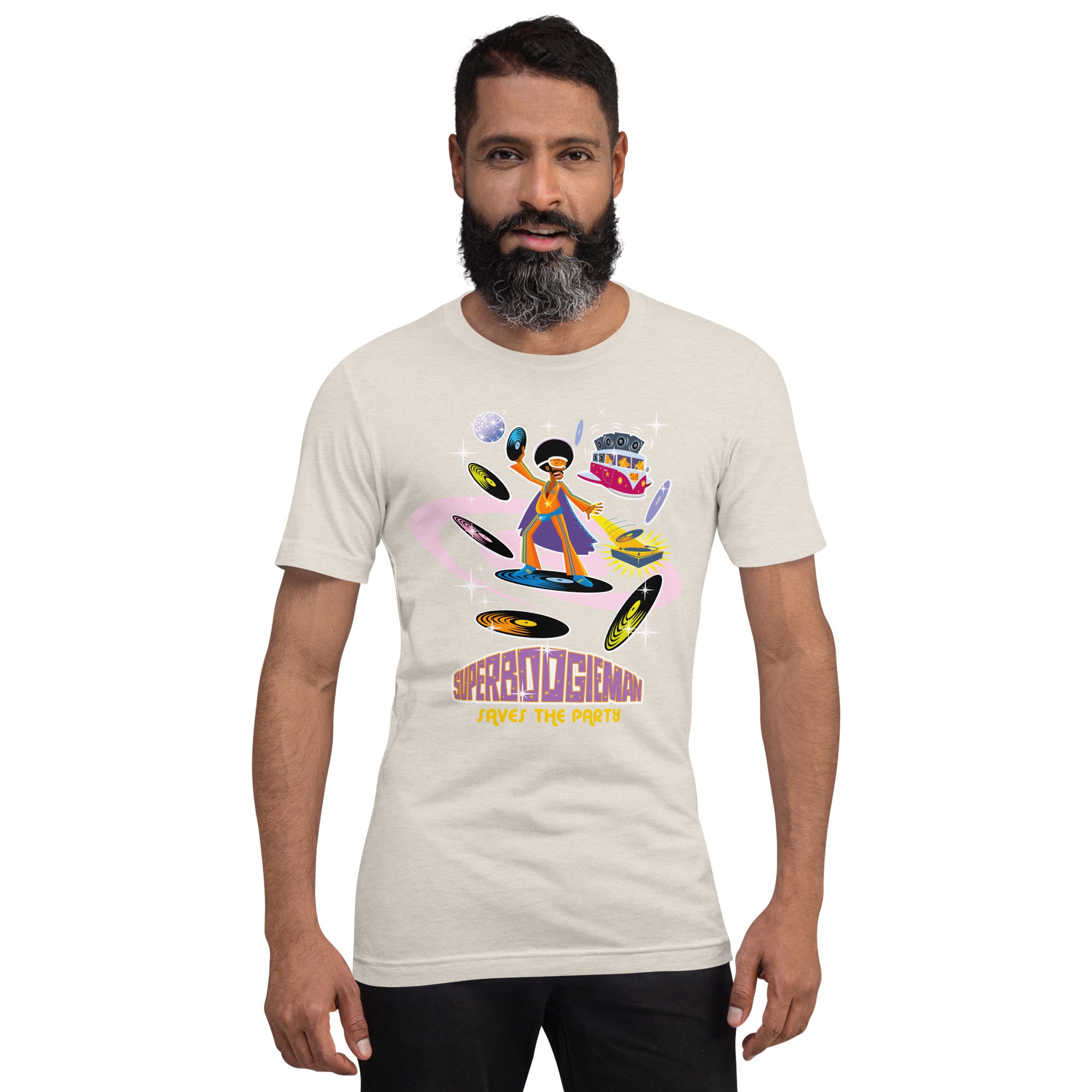 Unisex t-shirt Superboogieman saves the Party on light heather colors