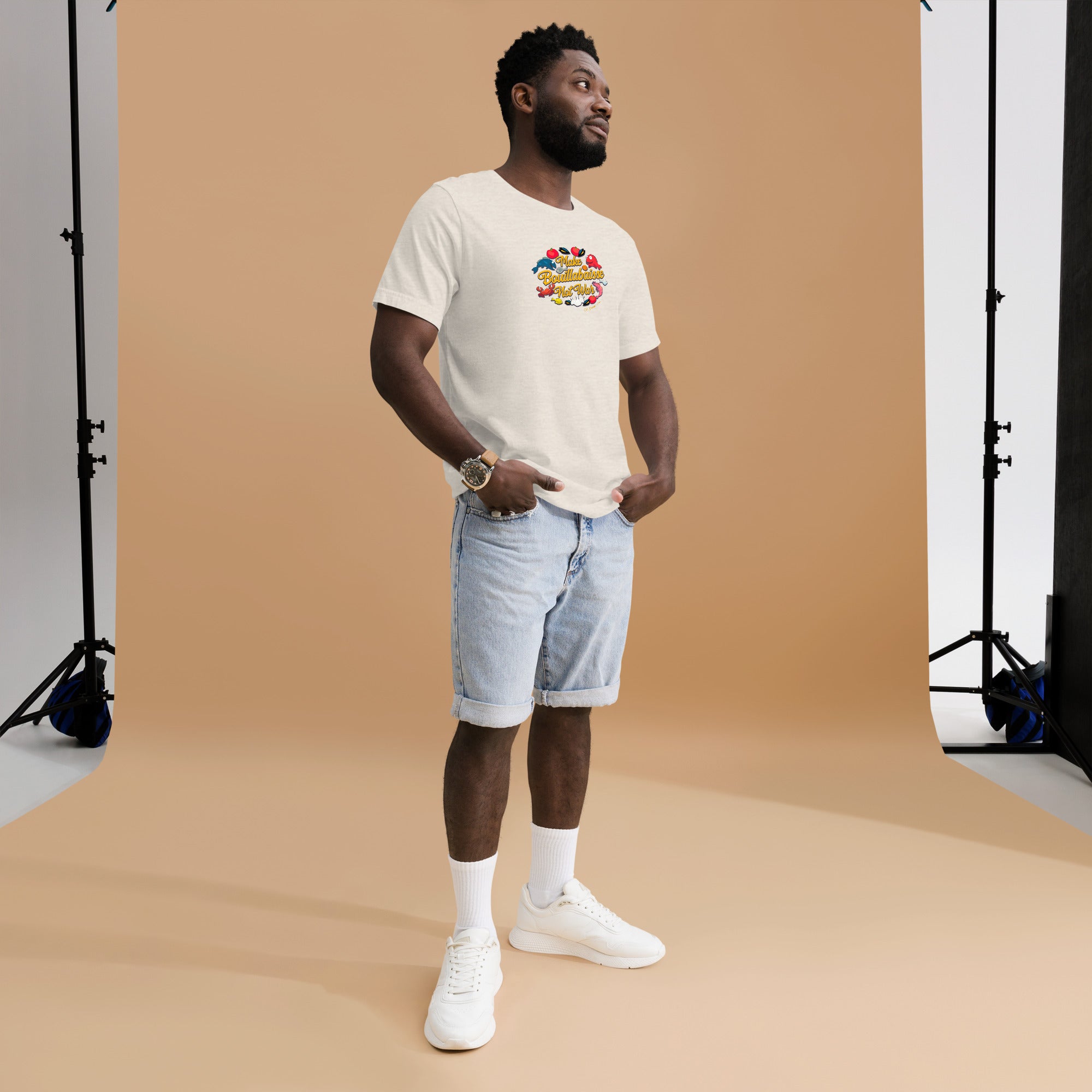 T-shirt en coton unisexe Make Bouillabaisse Not War sur couleurs chinées claires