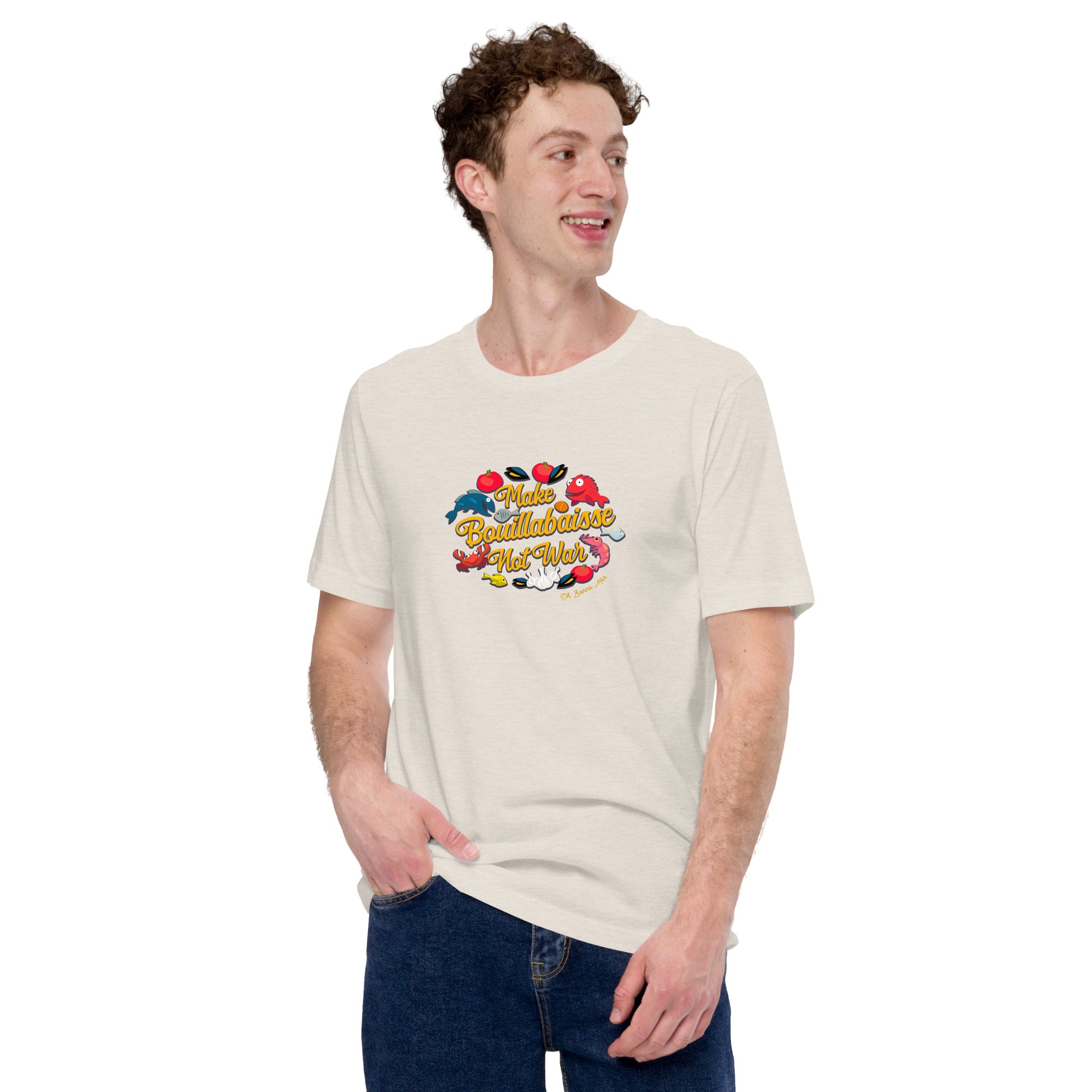 T-shirt en coton unisexe Make Bouillabaisse Not War sur couleurs chinées claires