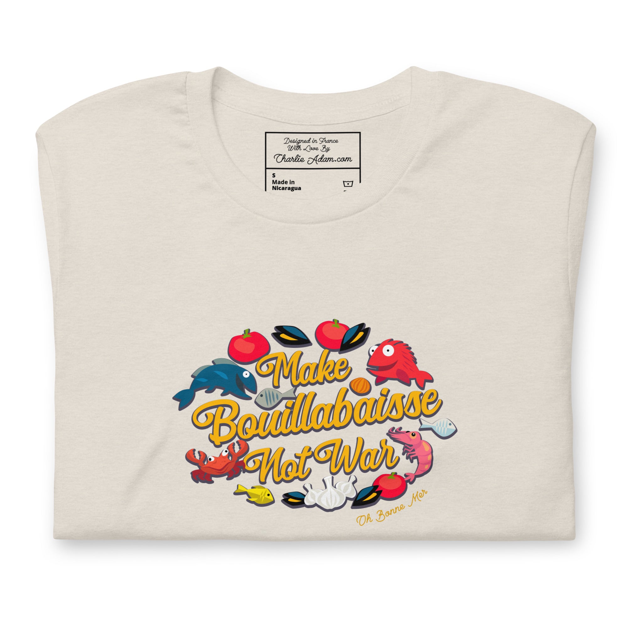 T-shirt en coton unisexe Make Bouillabaisse Not War sur couleurs chinées claires