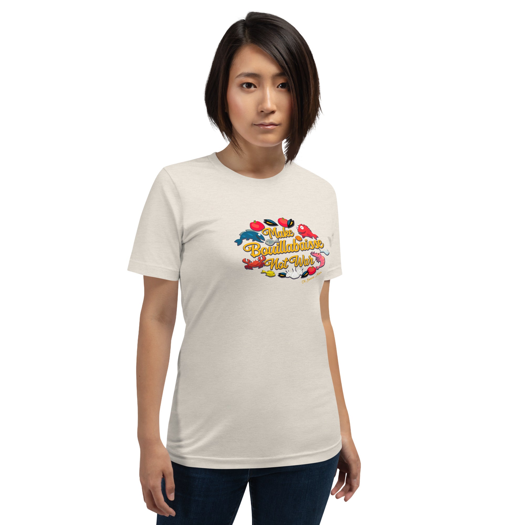 T-shirt en coton unisexe Make Bouillabaisse Not War sur couleurs chinées claires