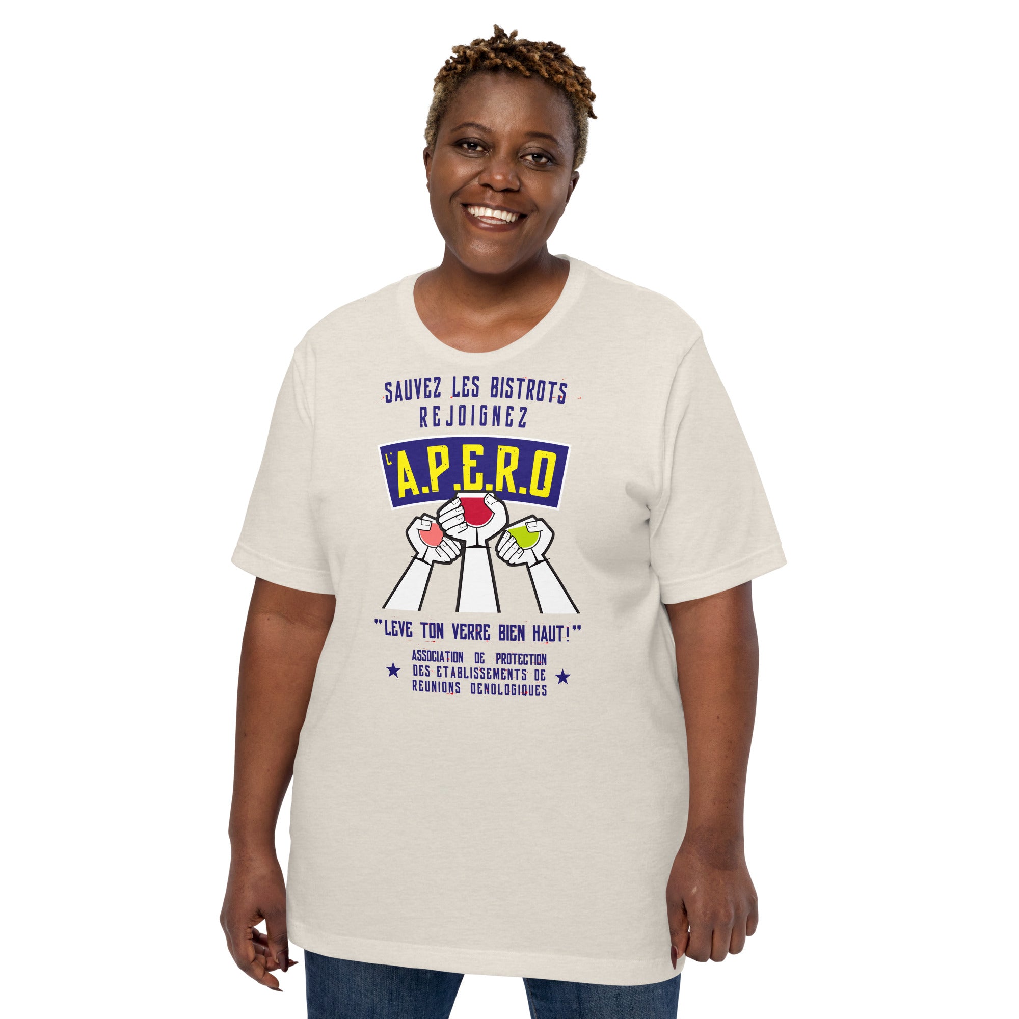 Unisex cotton t-shirt Sauvez les Bistrots, rejoignez l'Apéro on light heather colors