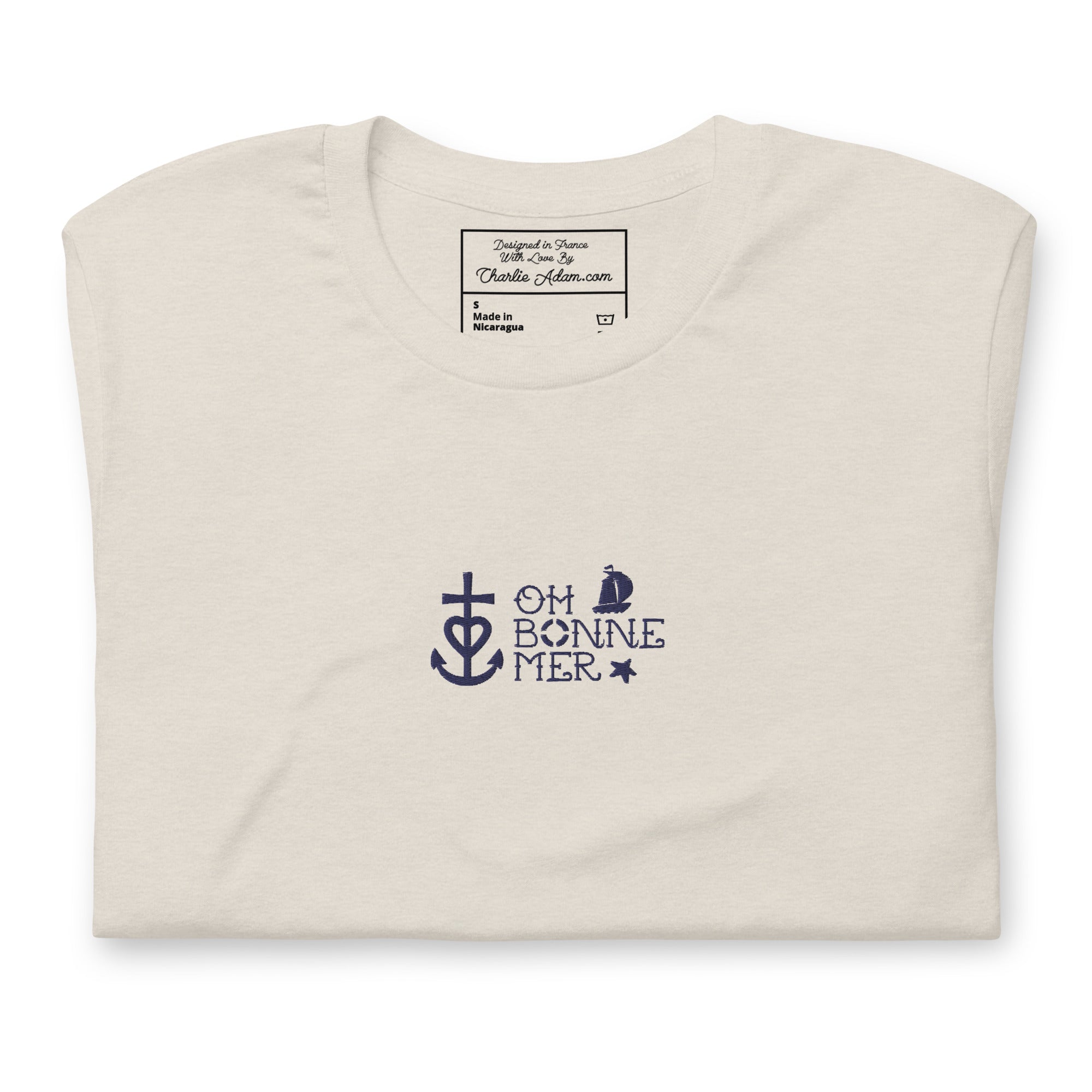 T-shirt en coton unisexe Oh Bonne Mer 2 navy brodé sur couleurs chinées claires