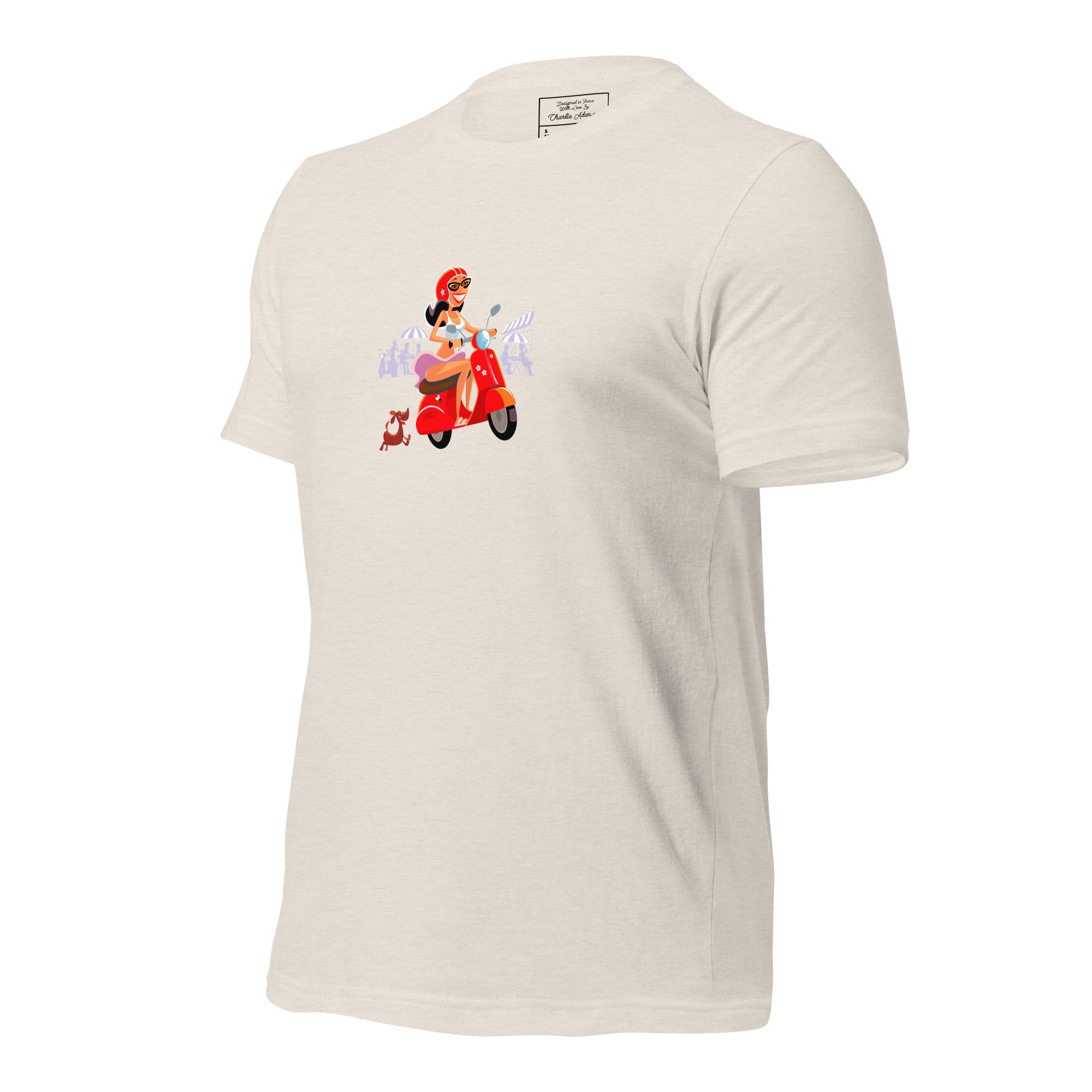 T-shirt en coton unisexe Vespa Girl in St Tropez sur couleurs chinées claires